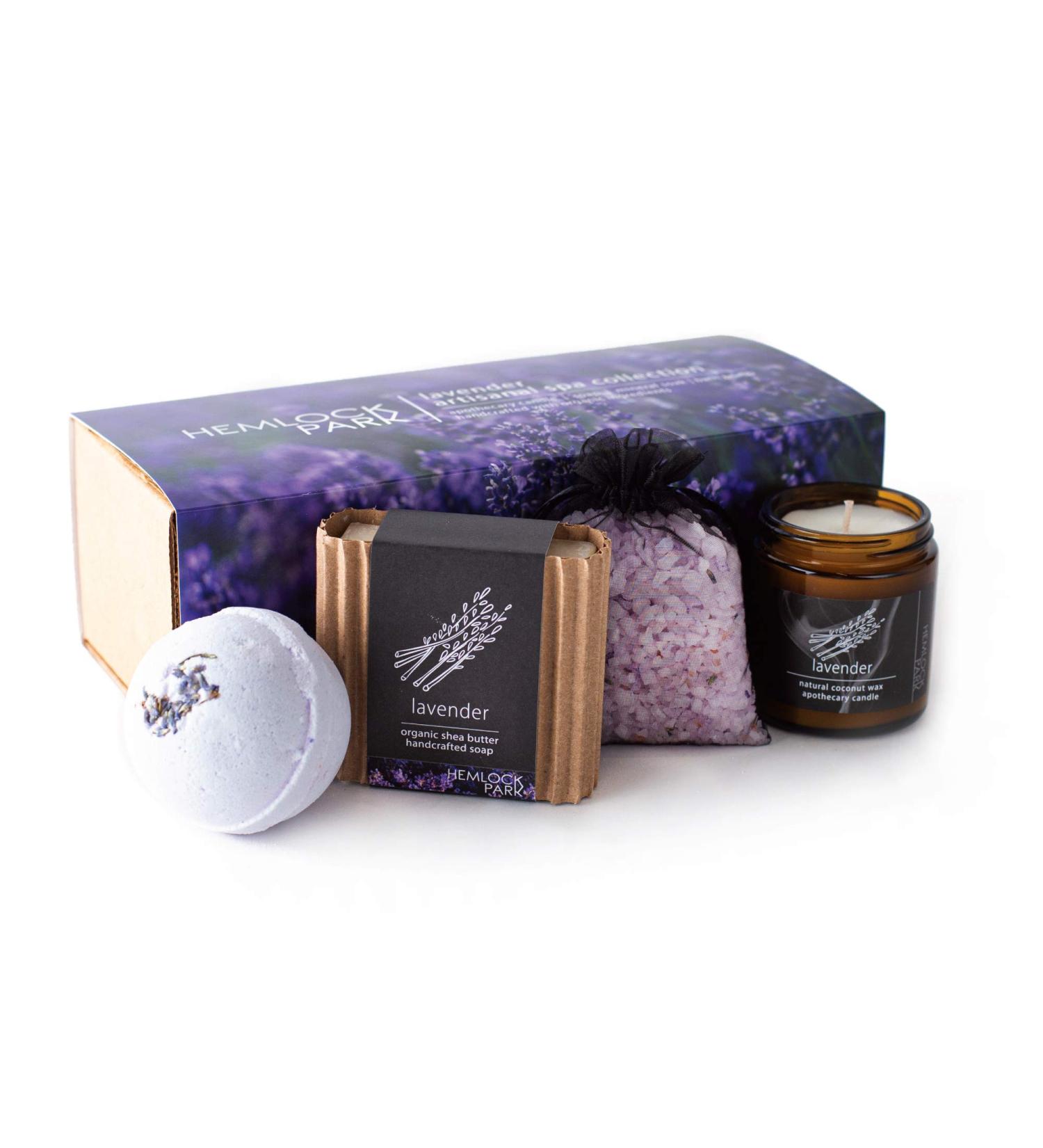 Hemlock Park Artisanal Spa Collection - Lavender Apothecary Candle, Shea Butter Soap, Bath Bomb, Mineral Salt Bath Soak - Handcrafted with Organic Ingredients - Buy Online on GoSupps.com