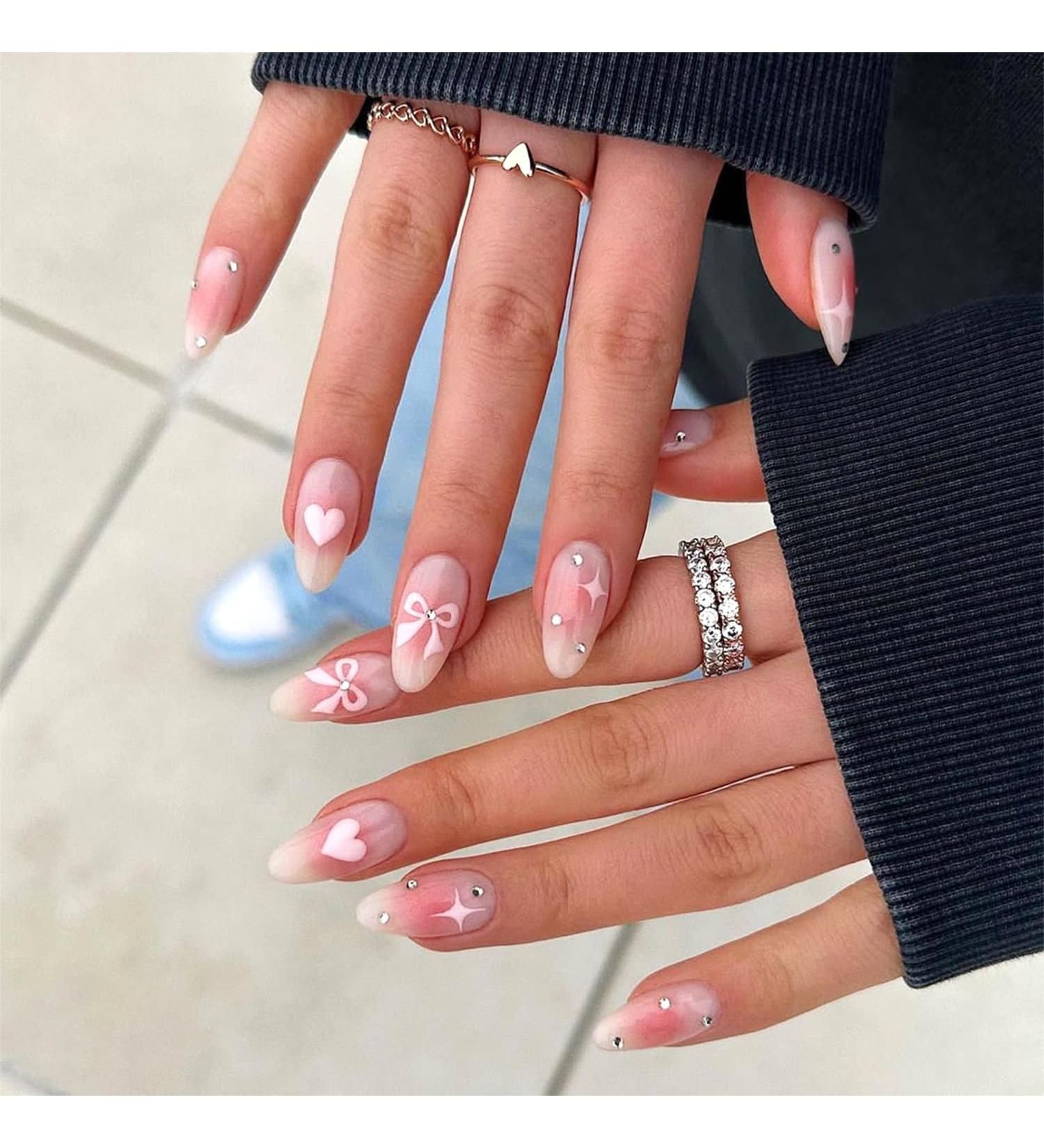 Pink Love Heart Bow Press On Nails | Long Almond Glitter Rhinestones | Reusable Acrylic Stick On Nails for Women - DIY Charm Manicure - Buy Online on GoSupps.com