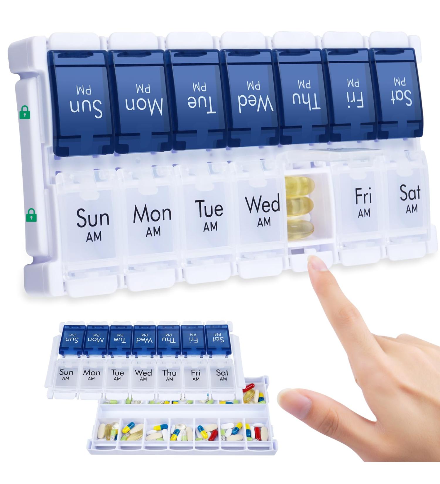 Mericargo Weekly Pill Organizer | Easy Fill Twice a Day | Large 7-Day Medical Storage Box for Vitamins & Fish Oil - Blue - Buy Online on GoSupps.com