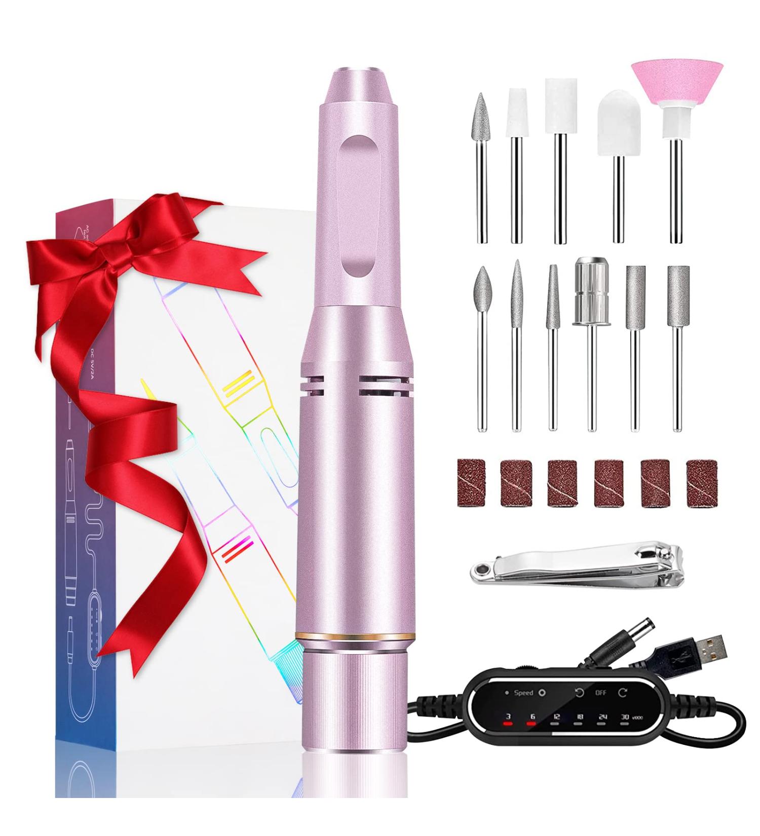 Rechargeable Electric Nail File Cutter 30000 RPM - Professional Metal Nail Drill with Adjustable Speed for Manicure and Pedicure - Includes Polishing Tool - Pink - Buy Online on GoSupps.com