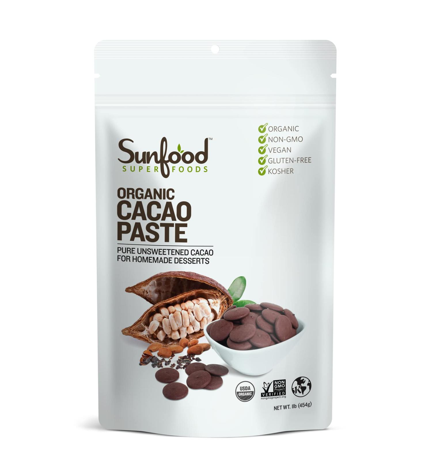 Sunfood Organic Cacao Paste 1 lb (454 g) - Premium Raw Cocoa for Baking & Smoothies - Buy Online on GoSupps.com