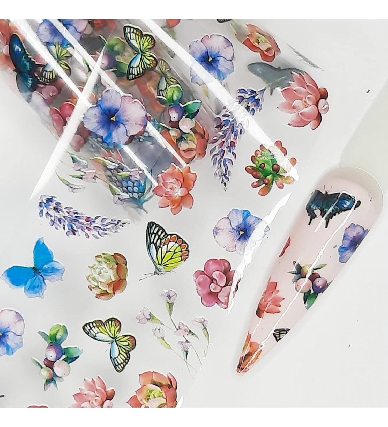 Nail art - transfer foil - transparent - colorful butterflies and flowers - 1400-343