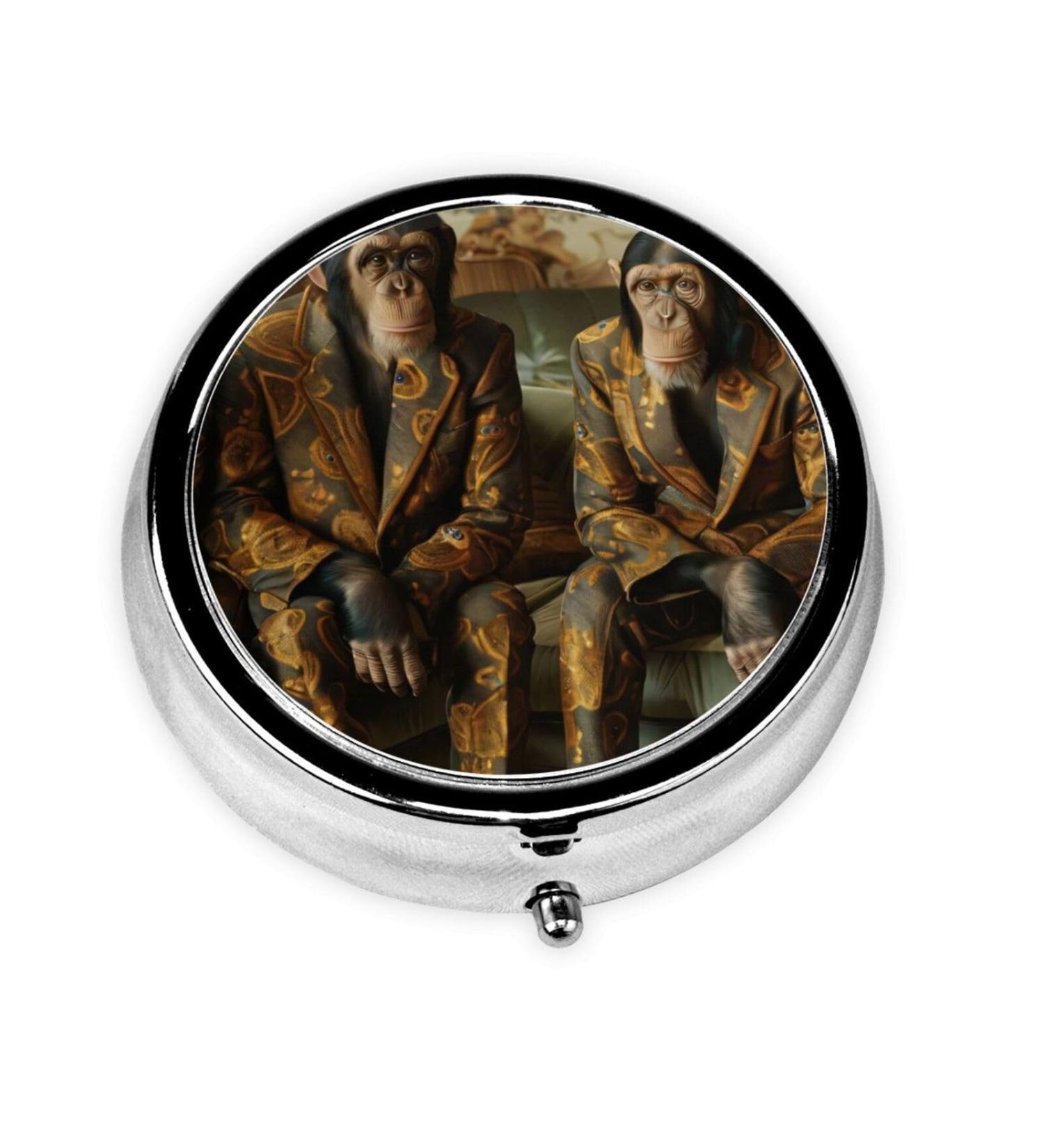 Four Apes in Suits Portable Pill Box - Round Mini 3-Compartment Metal Organizer for Small Pills | Perfect for Travel - Buy Internationally - Buy Online on GoSupps.com