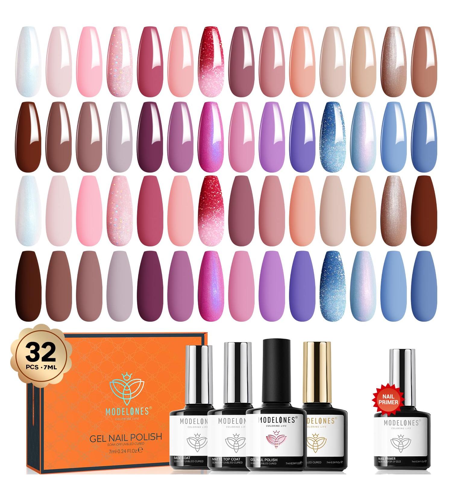 Modelones 32Pcs Gel Nail Polish Set - 28 Fall Winter Colors with Glossy & Matte Top Coat, Base Coat & Primer Kit - Nude, Brown, Pink, Red, Purple, Blue Glitter - Nail Polish Gift - Buy Online on GoSupps.com