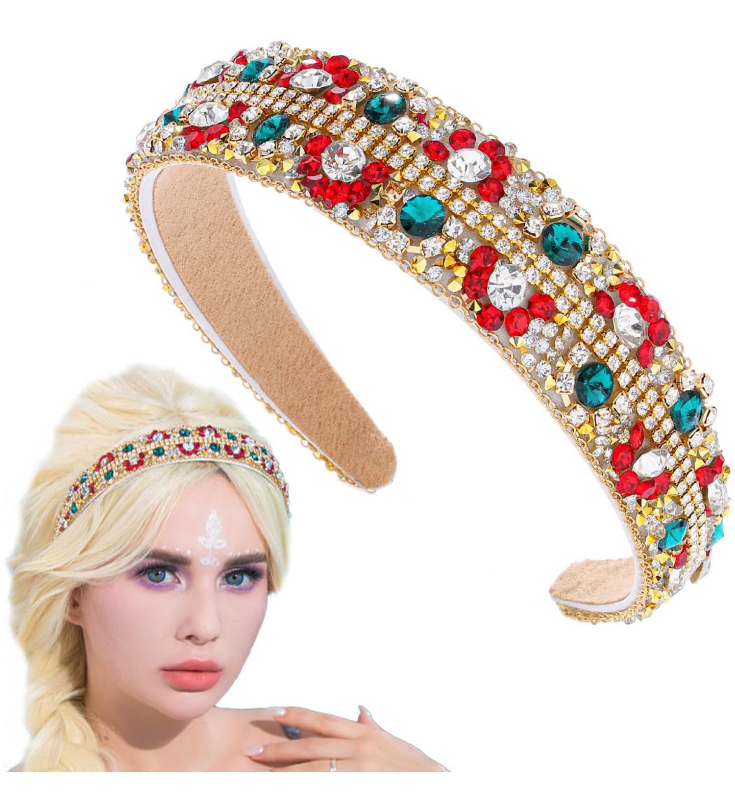 Flayem Rhinestone Red Headband Crystal crown Headband Padded Wide Baroque Hair Band Hoop Gorgeous Hair Accessories for Women and Girls (Red Green) - Buy Online on GoSupps.com