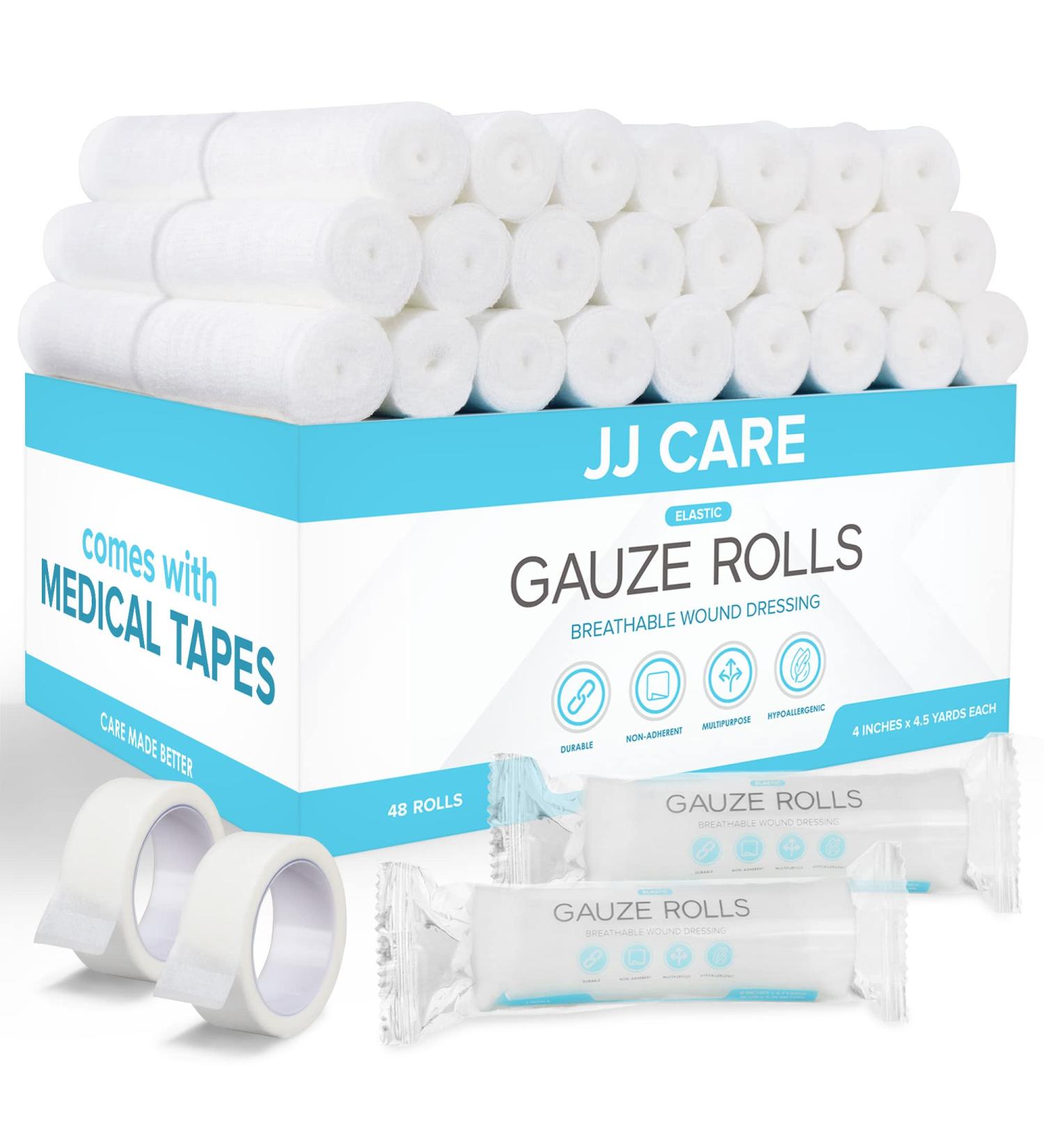 JJ CARE Gauze Rolls Pack of 48 - Individually Wrapped 4 x 4.1 Yards Gauze Bandage Roll with Bonus Medical Tape - Latex Free & Stretchable - Buy Online on GoSupps.com