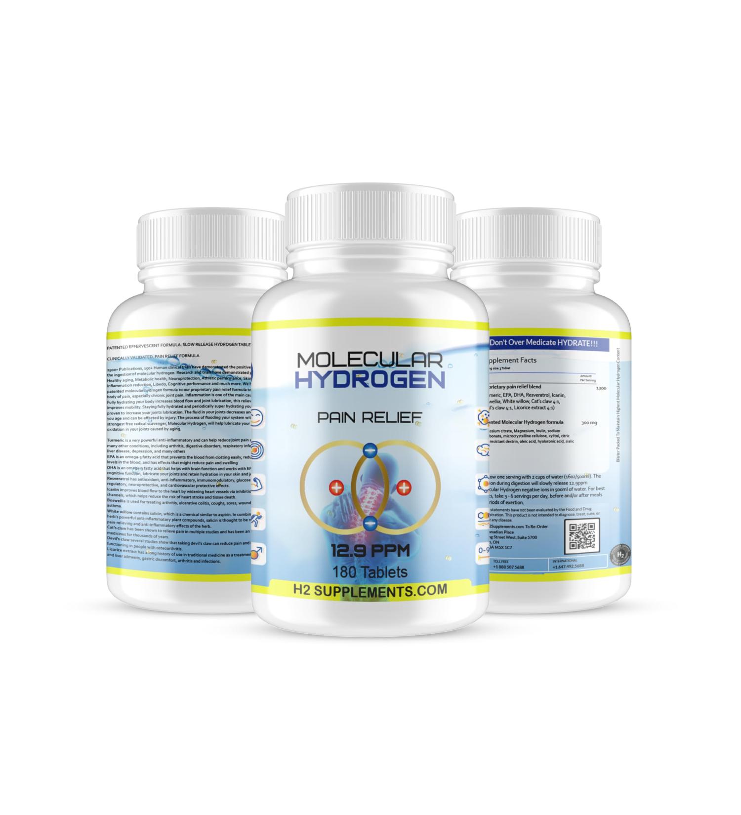 H2 Molecular Hydrogen Natural Pain Relief Tablets (180 Tablets) 60 count (Pack of 1)