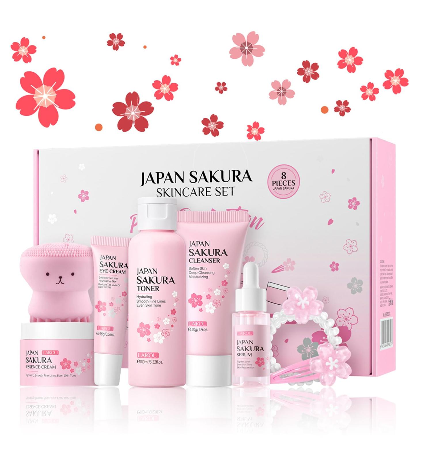 Skin Care Set Women Beauty Gift Set Japanese Sakura Skin Care Sets & Kits - Cleanser Toner Serum Face Cream Eye Cream Hair Pin Hair Rope Facial Cleansing brush Gift Set for Teenage Girls - Buy Online on GoSupps.com