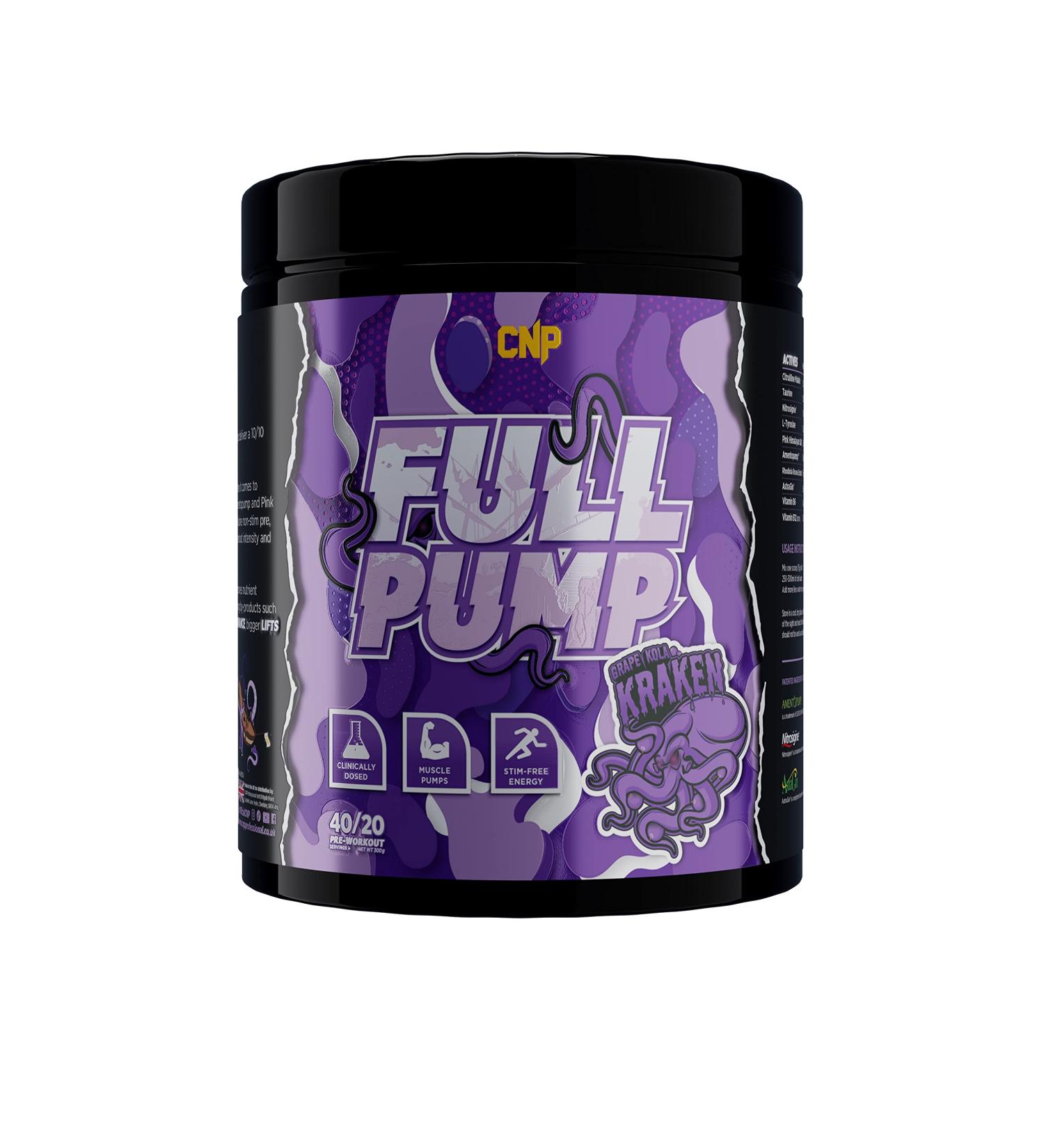 CNP Professional Full Pump Strong Stim Free Energy and Muscle Pumps Pre-Workout 20/40 Servings 300g 4 Flavours Available (Grape Kola Kraken) - Buy Online on GoSupps.com