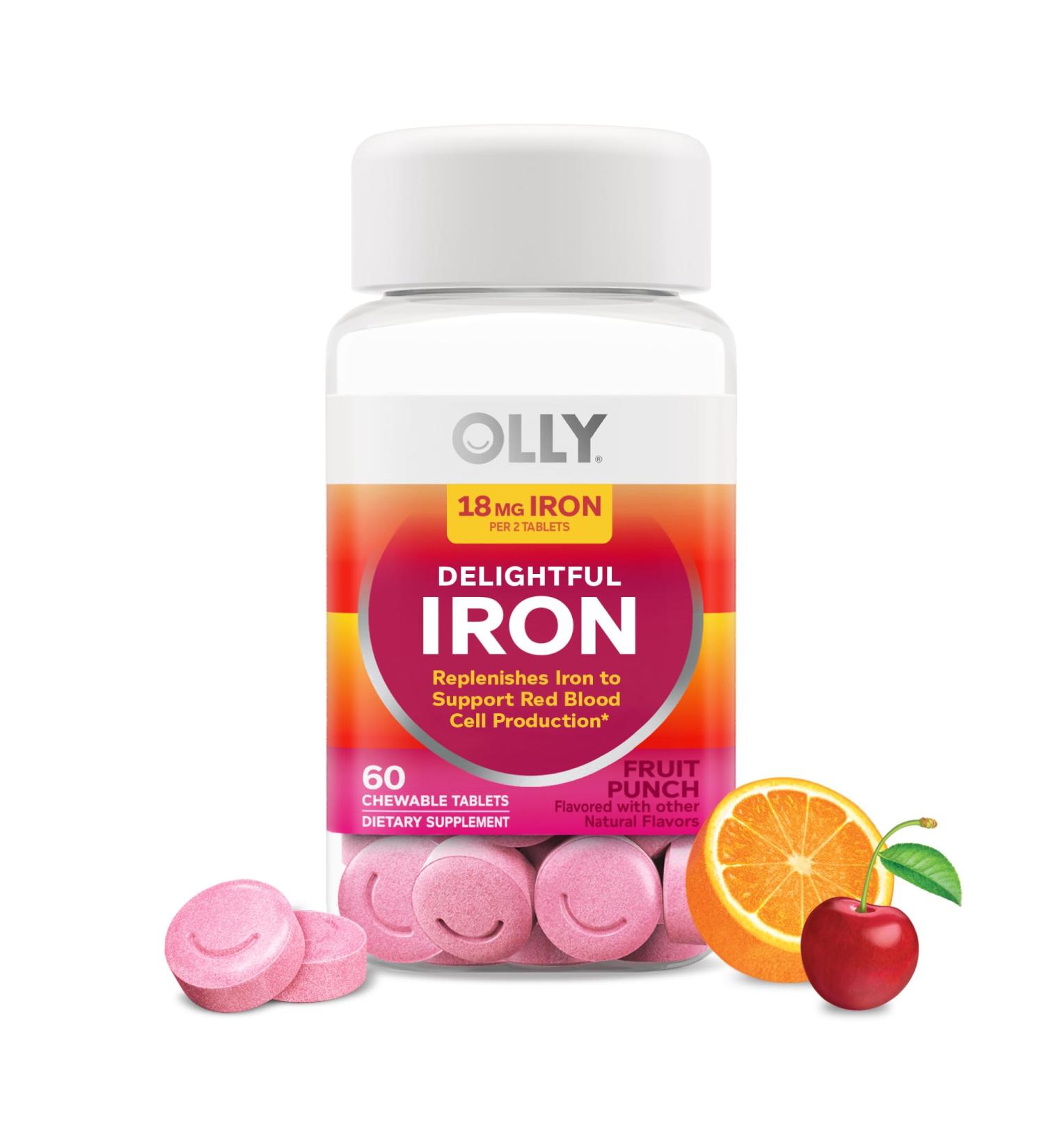 OLLY Delightful Iron Chewable Tablet Iron Supplement from AB Fortis Fruit Punch Flavored 30 or 20 Day Supply - 60 Count 1 Count (Pack of 60) - Buy Online on GoSupps.com