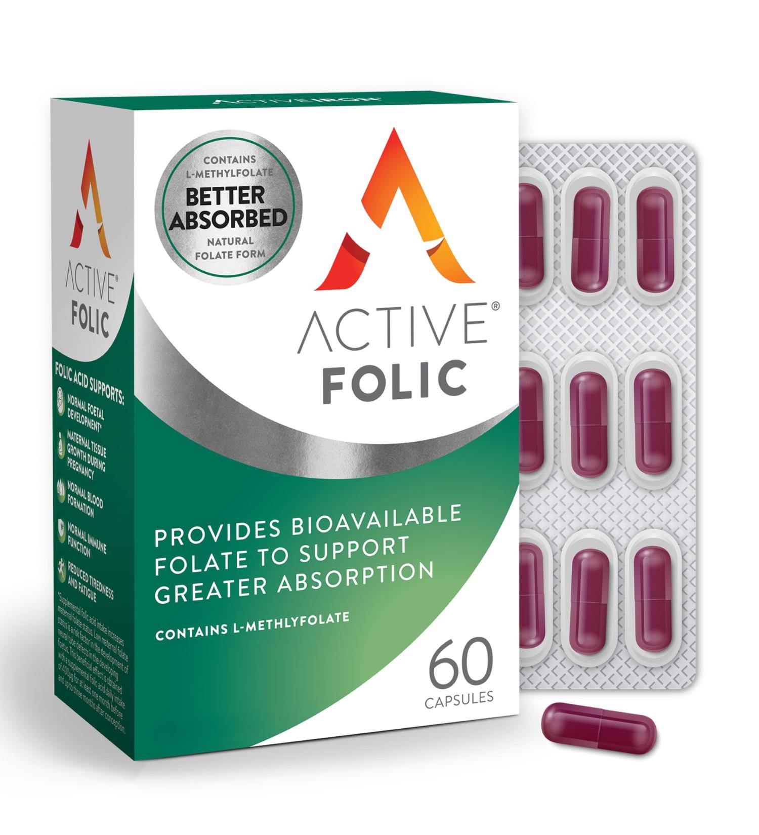 ACTIVEIRON Active Folic 400mcg L-Methylfolate Folic Acid Supplement Highly Absorbed Vegan Supports Pregnancy Energy Tiredness & Fatigue Reduction 60 Capsules (2-Month Supply) - Buy Online on GoSupps.com