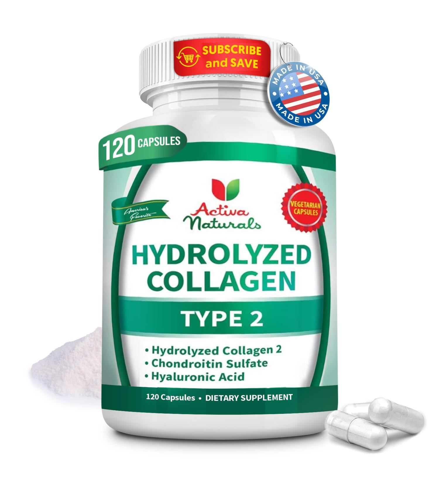 Activa Naturals Collagen Type 2 Hydrolyzed Supplement with Chondroitin and Hyaluronic, for Healthy Hair, Skin, and Nails, No Fillers, Additives, and No Artificial Colors - 120 Vegetarian Capsules - Buy Online on GoSupps.com