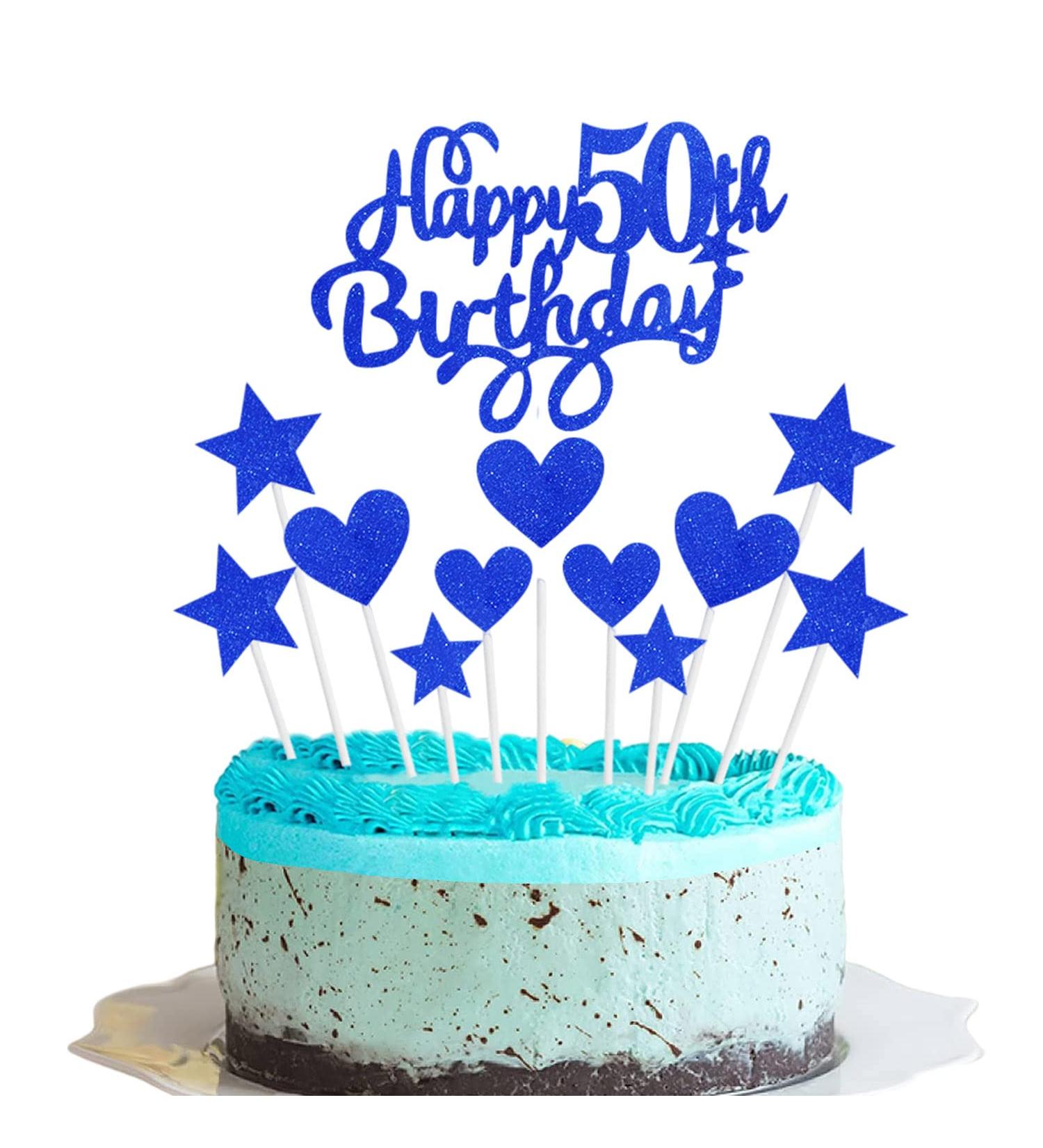 Happy 50th Birthday Cake Toppers Blue Personalised for Men Women Him Her 6 Star 5 Heart Customised 50th Birthday Cupcake Cake Toppers Decoration for 50th Bithday Party Happy Birthday Sign for Cake - Buy Online on GoSupps.com