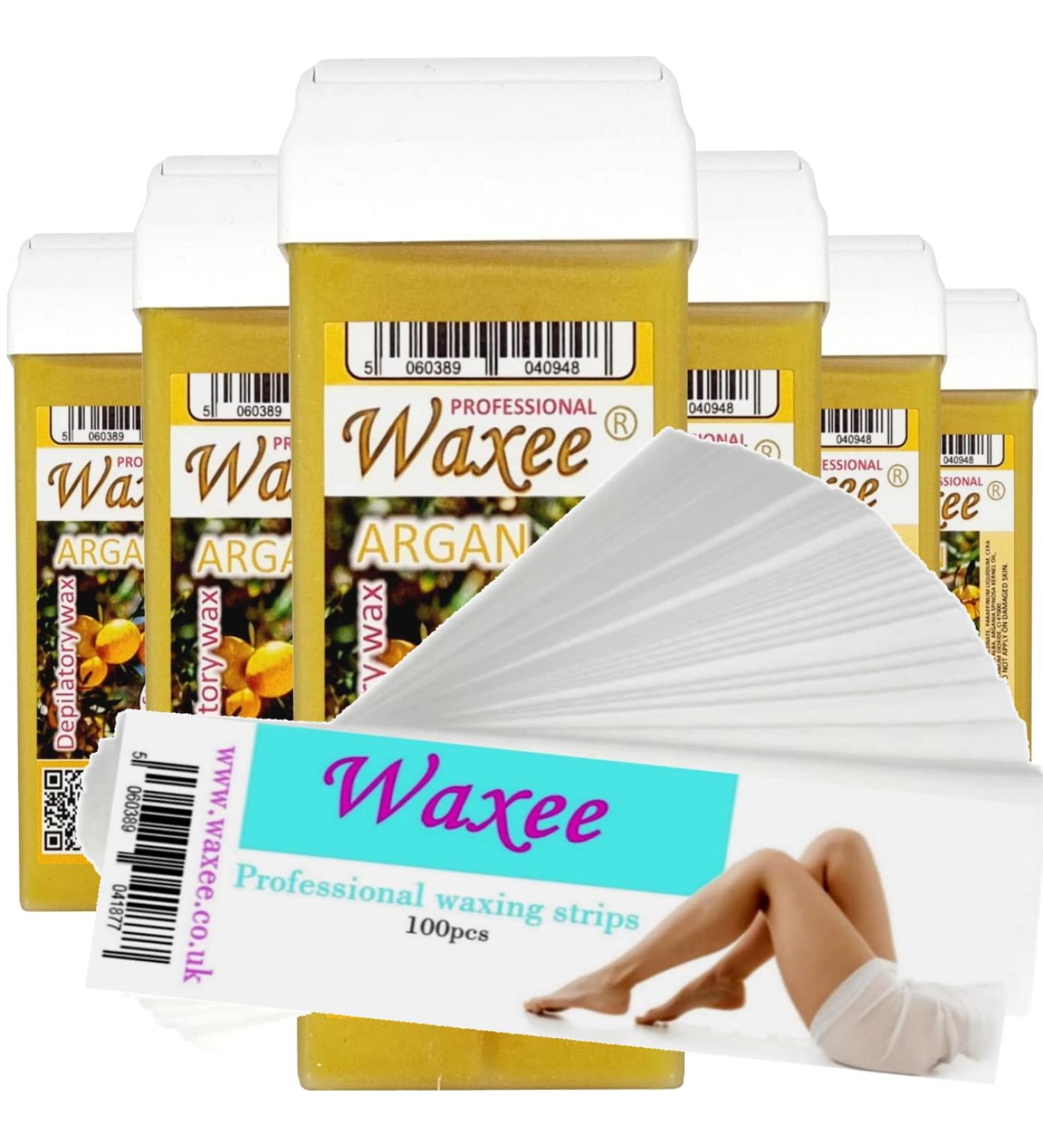 6x 100ml roll-on wax roller wax cartridge refill + 100 waxing strips from UK brand Waxee!- Argan.