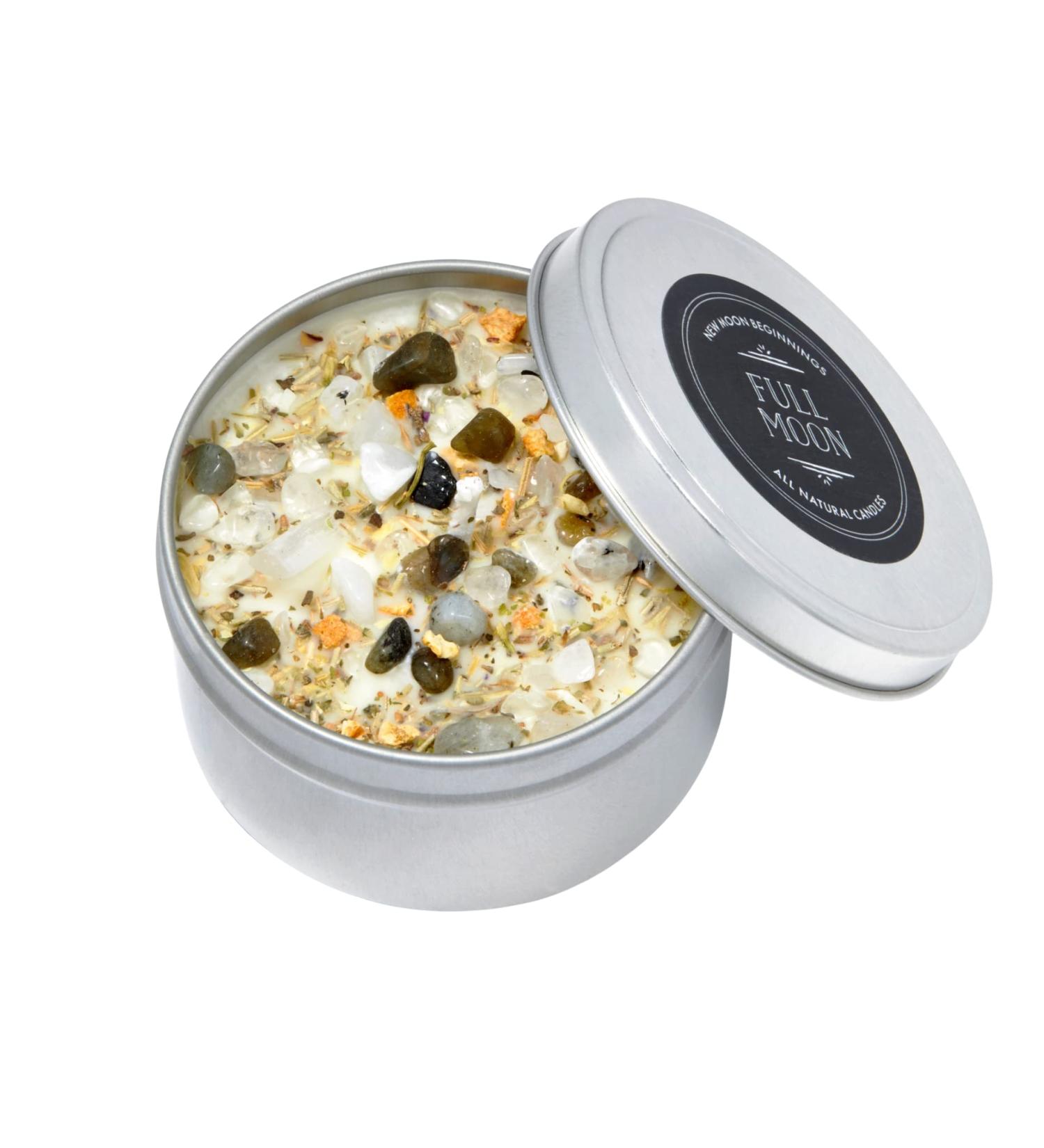 Full Moon Candle by New Moon Beginnings | Purification & Cleansing - Aromatherapy Soy Candle with Dried Flowers Herbs & Crystals - 8oz Metal Tin - Buy Online on GoSupps.com