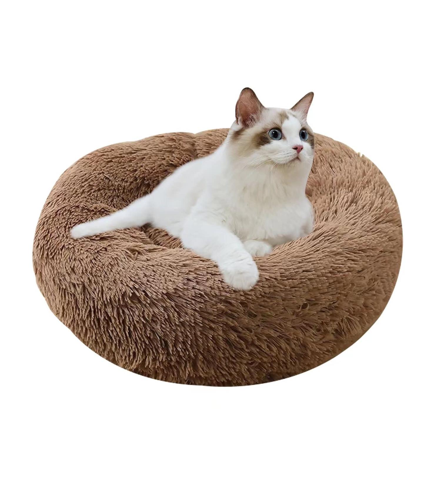 Indoor Cat Bed 24 Inch Round Donut, Washable & Fluffy, Self-Warming Pet Bed for Small Dogs & Kittens - Non-Slip, Brown Color - Buy Online on GoSupps.com