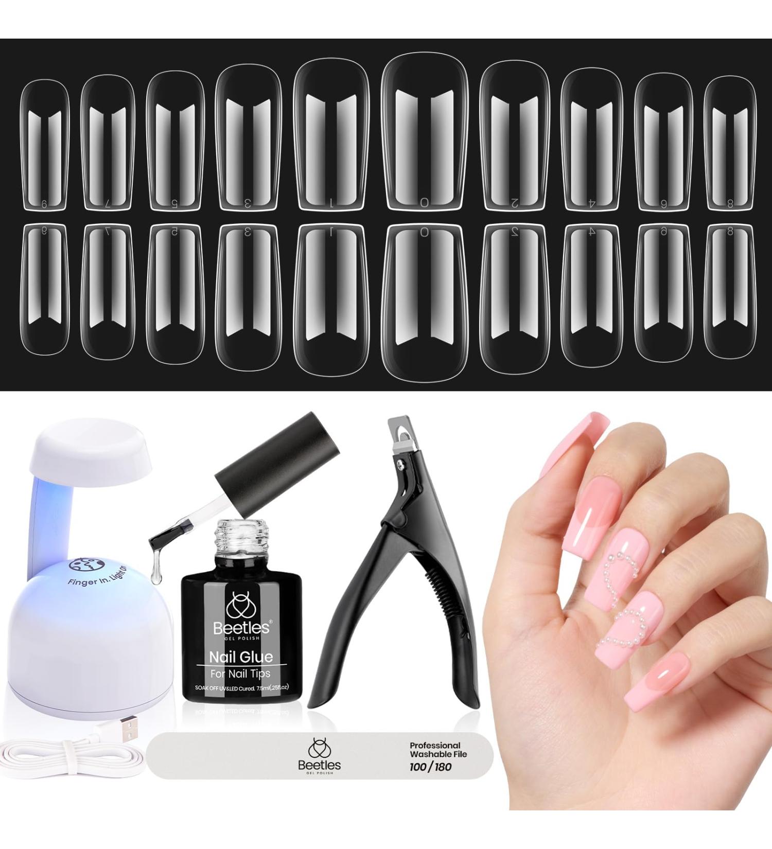 Beetles Gel Nail Kit Easy Nail Extension Set 5 In 1 Nail Glue Gel Base Coat with Pre shaped Medium Square Gel Nail Tips and Uv Led Nail Lamp Acrylic Nail Clipper Nail Art Gifts for Women Square Medium - Buy Online on GoSupps.com