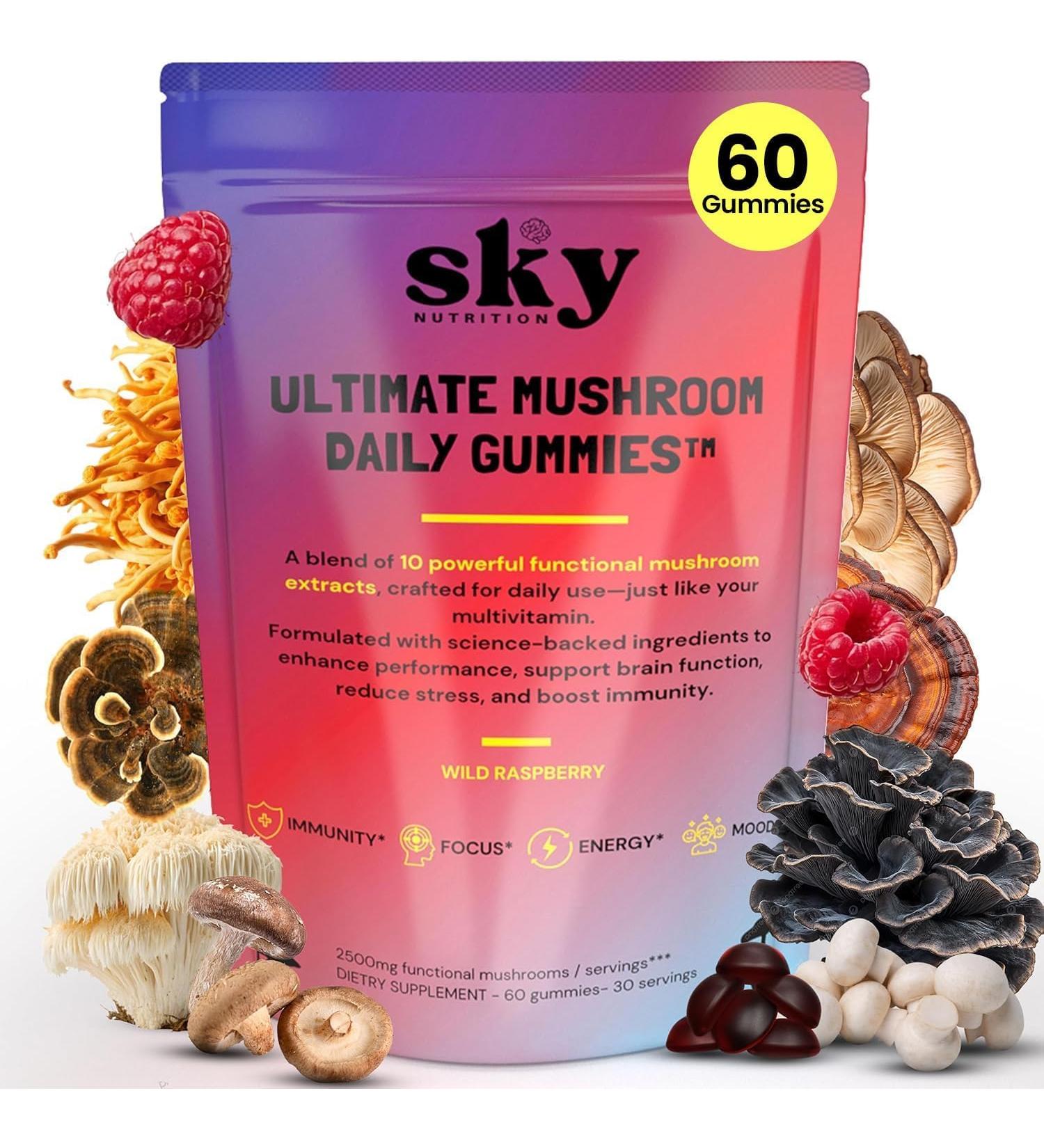 SKY NUTRITION Mushroom Gummies for Adults - 10-in-1 Powerful Mushroom Complex w/Lions Mane, Reishi, Cordyceps, Turkey Tail - for Mental Clarity, Focus, Immunity - Mushroom Flavored 60 Vegan Gummies