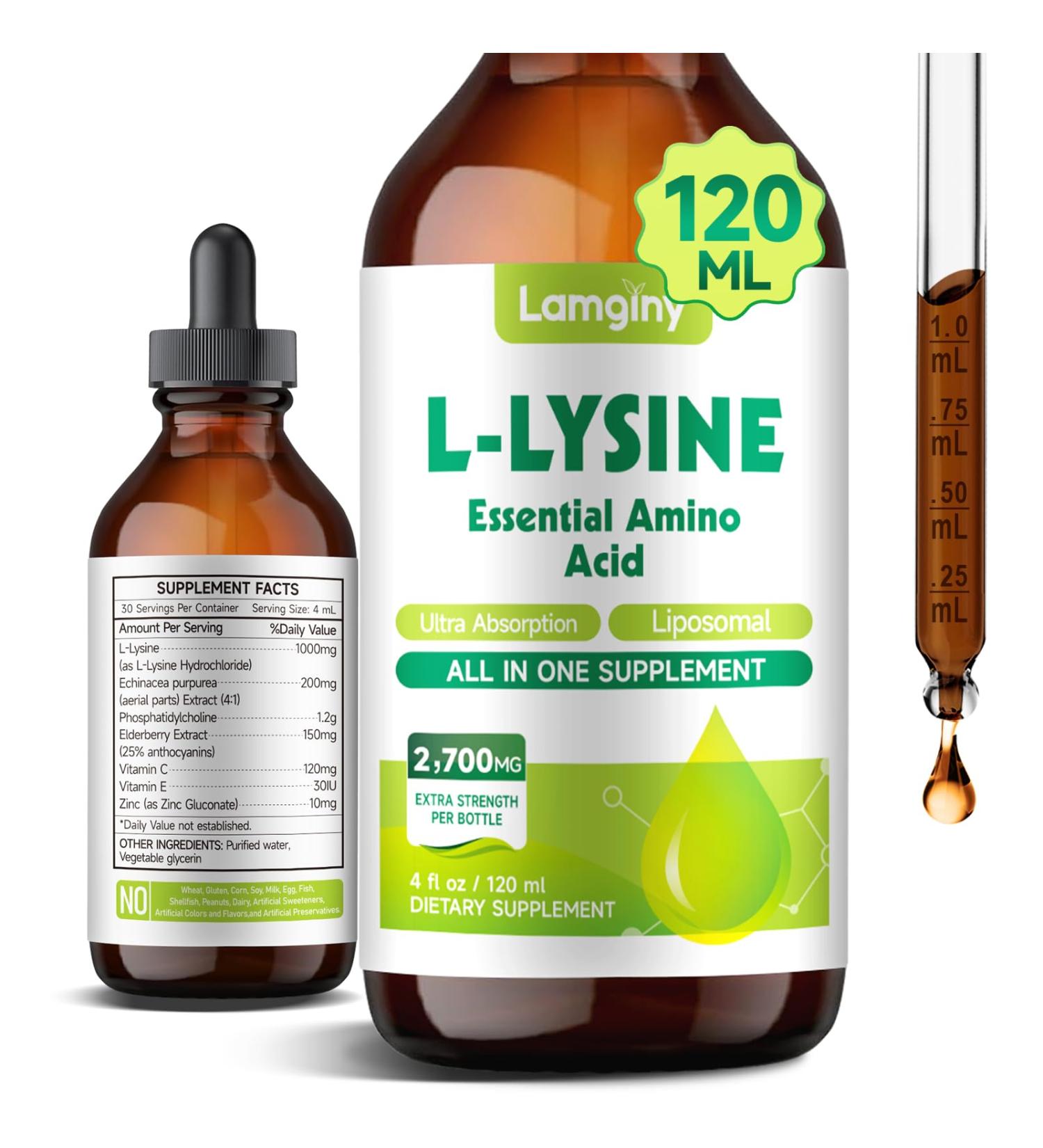LAMGINY L-lysine 1000mg Supplement, Liposomal Lysine Liquid Drops for Adults, Essential Amino Acid - Immune Support, Skin & Lip Health, Collagen Synthesis, Vegan, Non-GMO & Gluten-Free, 4 fl oz - Buy Online on GoSupps.com