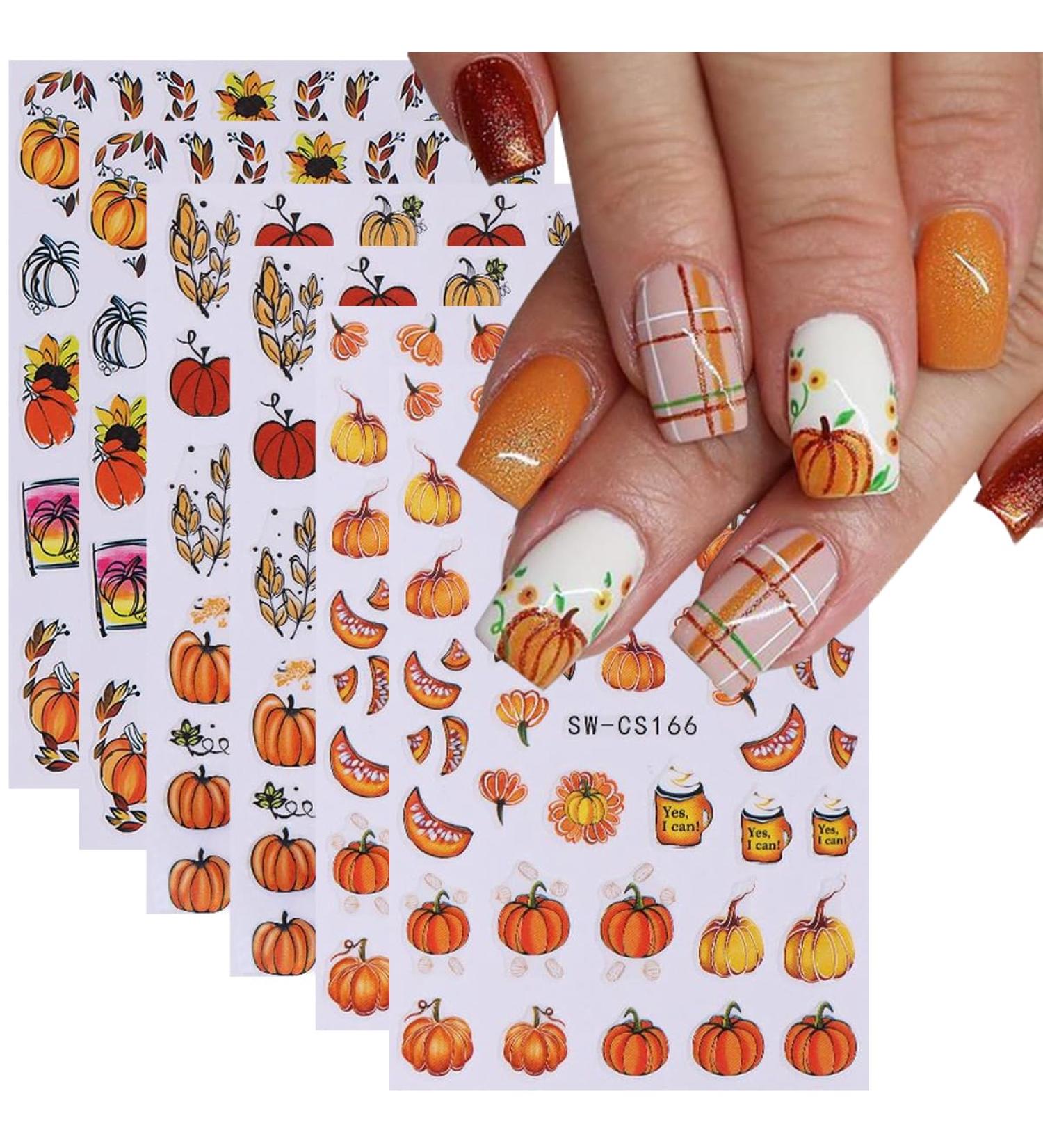 6 Sheets Fall Pumpkin Nail Stickers | 3D Thanksgiving Nail Art Decals | Autumn Leaves & Sunflower Designs for DIY Manicure - Buy Online on GoSupps.com