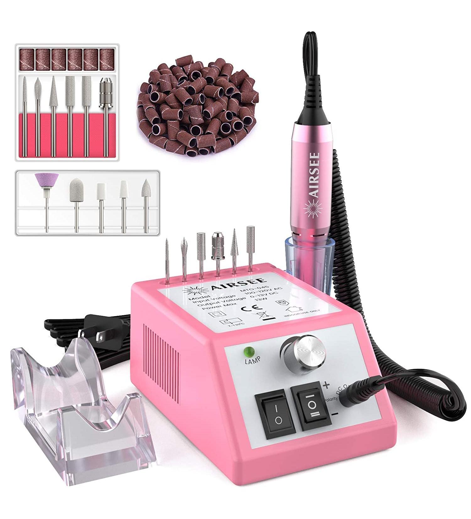 Professional Electric Nail Drill Machine - 20000 RPM Efile Manicure Tools with 11 Drill Bits and 56 Sanding Bands - Salon Quality Supplies for Acrylic Nails - Pink - Buy Online on GoSupps.com