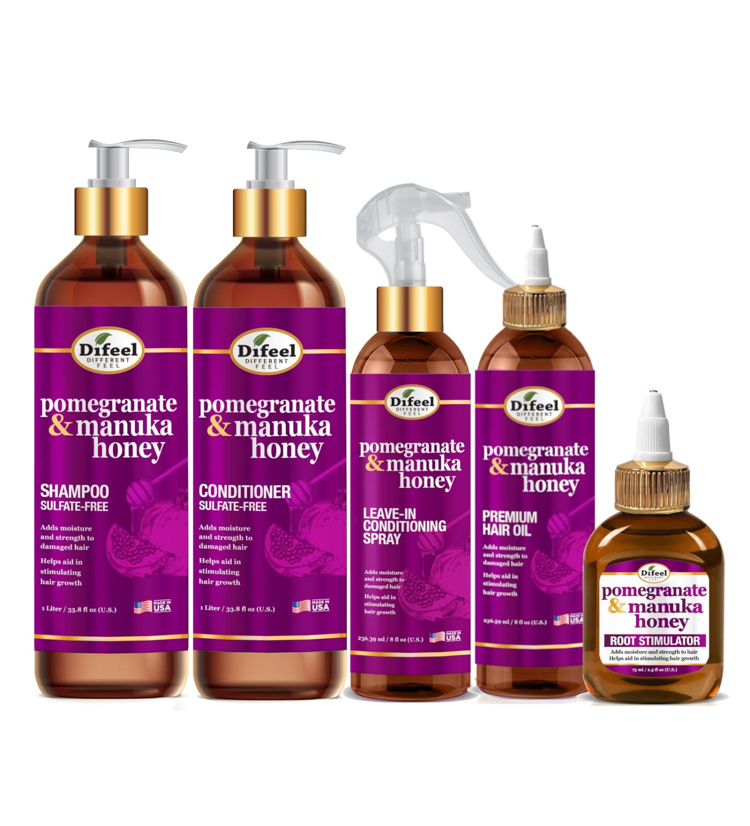 Difeel Pomegranate & Manuka Honey Shampoo & Conditioner Set - 5-PC Hair Care Collection for Healthy Nourished Hair | 33.8oz Shampoo & Conditioner Leave-in Spray Hair Oil Root Stimulator - International Shipping Available - Buy Online on GoSupps.com
