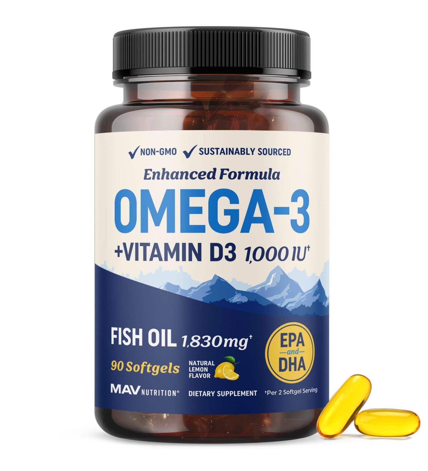 Omega 3 Fish Oil with Vitamin D3 | 1280MG Omega3 + 1000IU VIT D3 for Heart Immune & Bone Health Support | EPA DHA Omega 3 Supplement | Sustainably Sourced Non-GMO Fish Oil Vitamin D | 90 Softgels - Buy Online on GoSupps.com