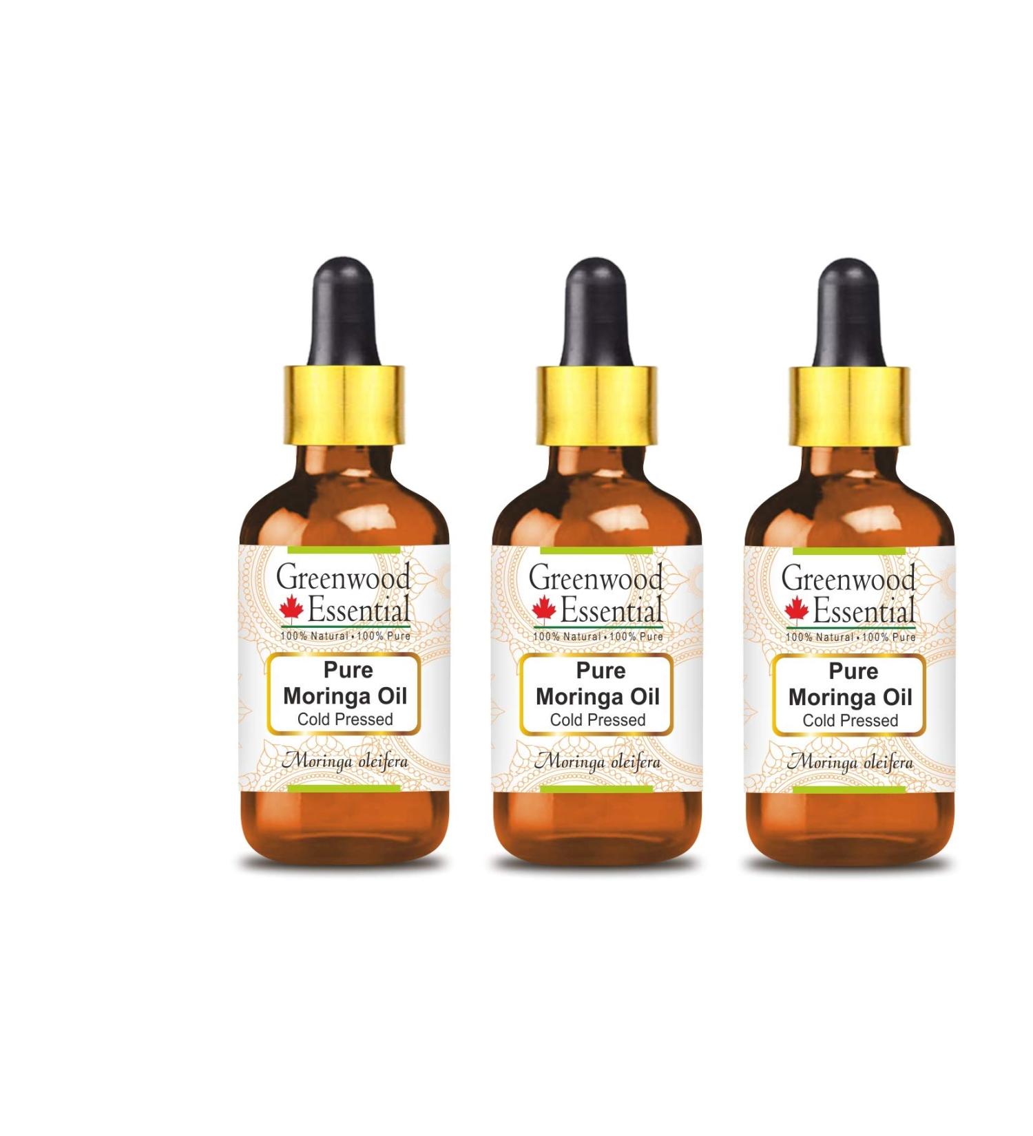 Greenwood Essential Moringa Oil 100ml - Pure Cold-Pressed Natural Oil with Glass Dripper (Pack of 3) | Therapeutic Quality | International Shipping - Buy Online on GoSupps.com