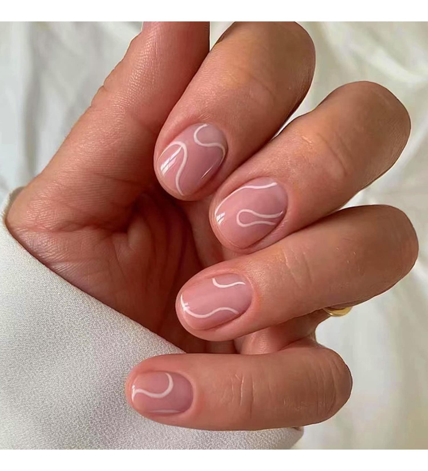 24Pcs Short Square Nude French Tip False Nails with Abstract Lines Design - Glossy Acrylic Full Cover Press on Nails for Women, Girls - Pink Curve - Buy Online on GoSupps.com