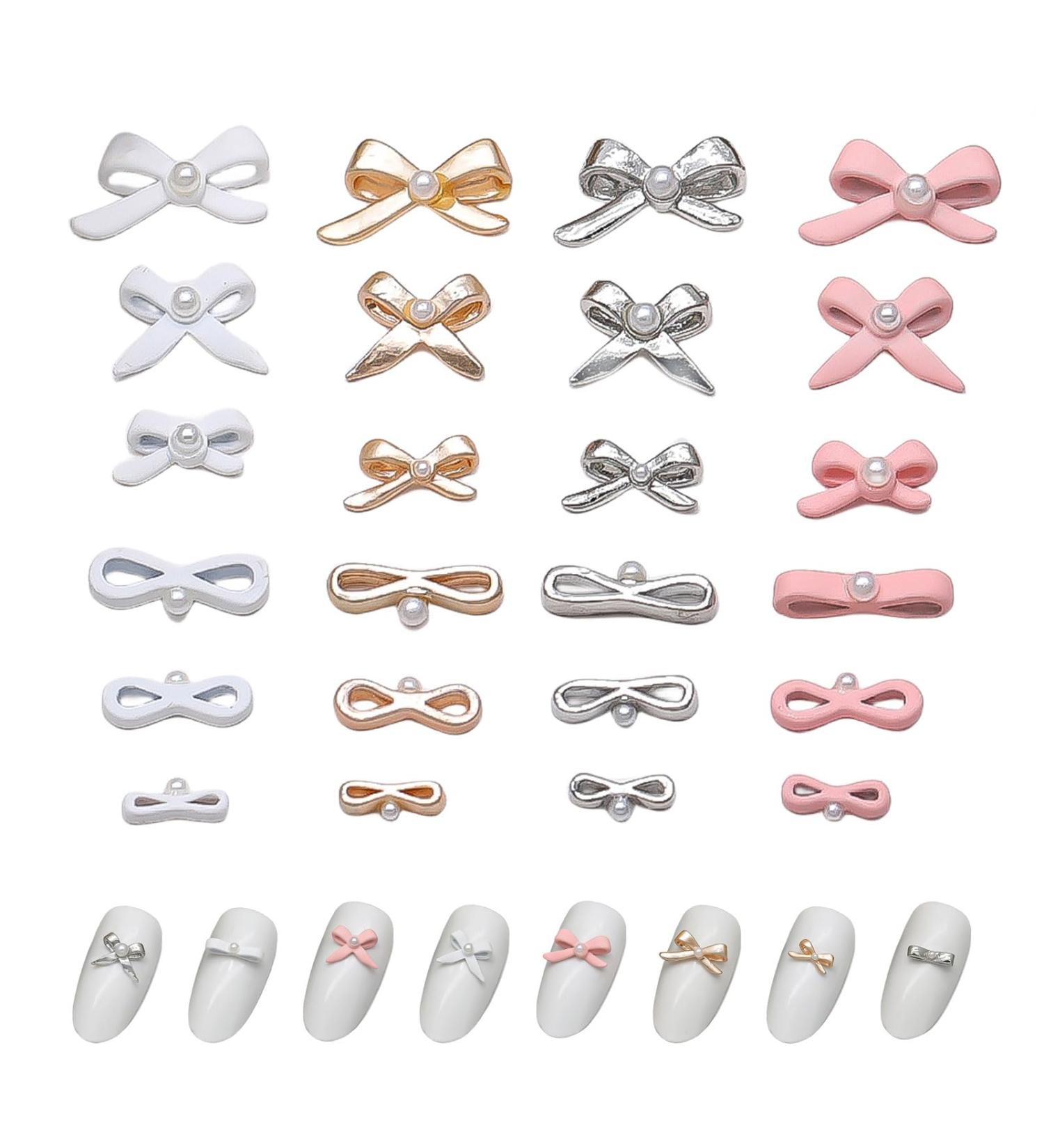 3D Bow Nail Charms 24PCS Gold Silver Pink White Bow Tie Pearl Nail Art Charms Nail Rhinestones Gems Nail Art Bows for Nail Art Design Decorations DIY Crafts Jewelry Accessories (Pattern A) - Buy Online on GoSupps.com