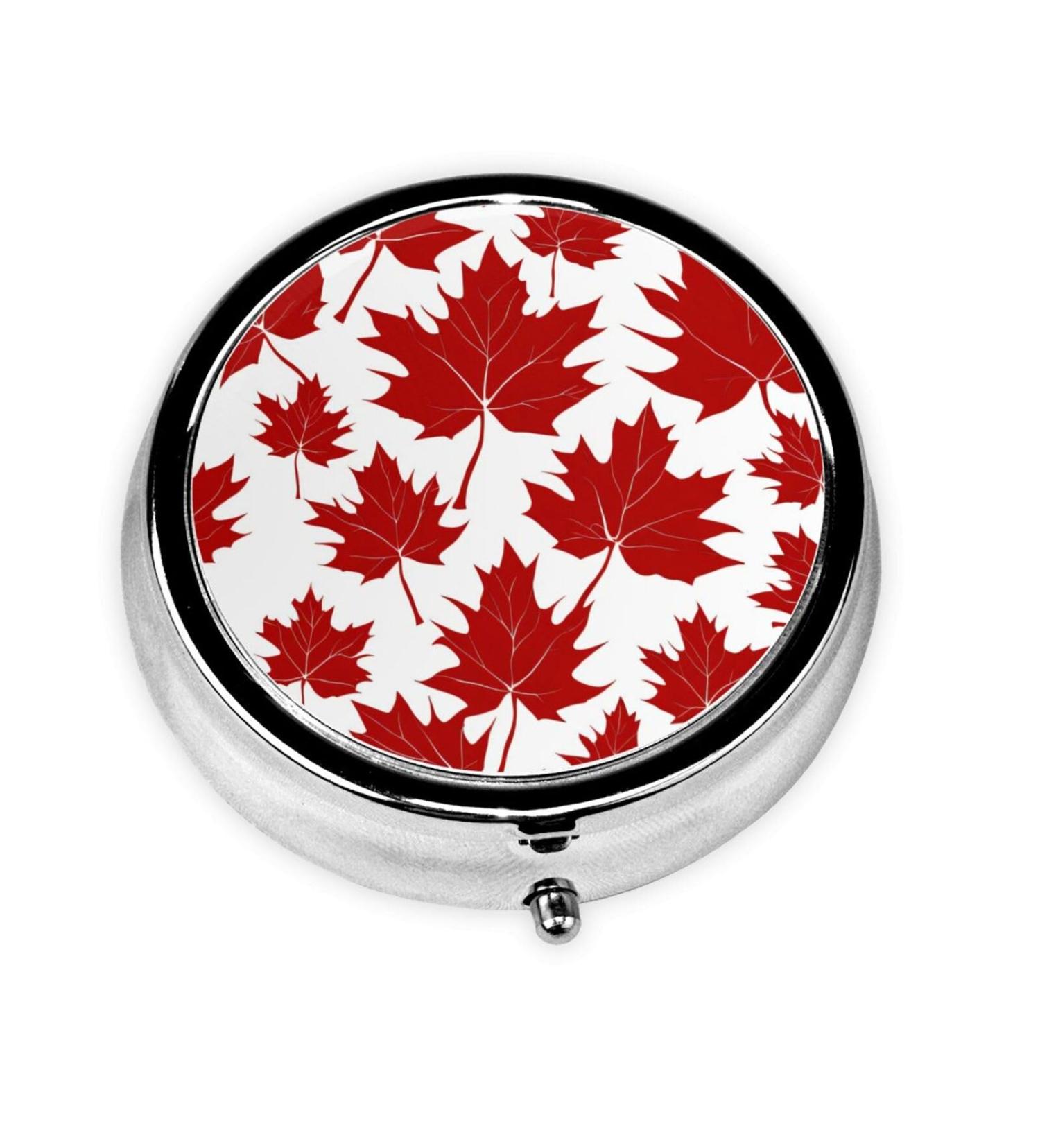 Red Maple Leaf Portable Metal Pill Box Mini Round 3-Compartment Travel-Friendly Design for Small Pills - Buy Online on GoSupps.com
