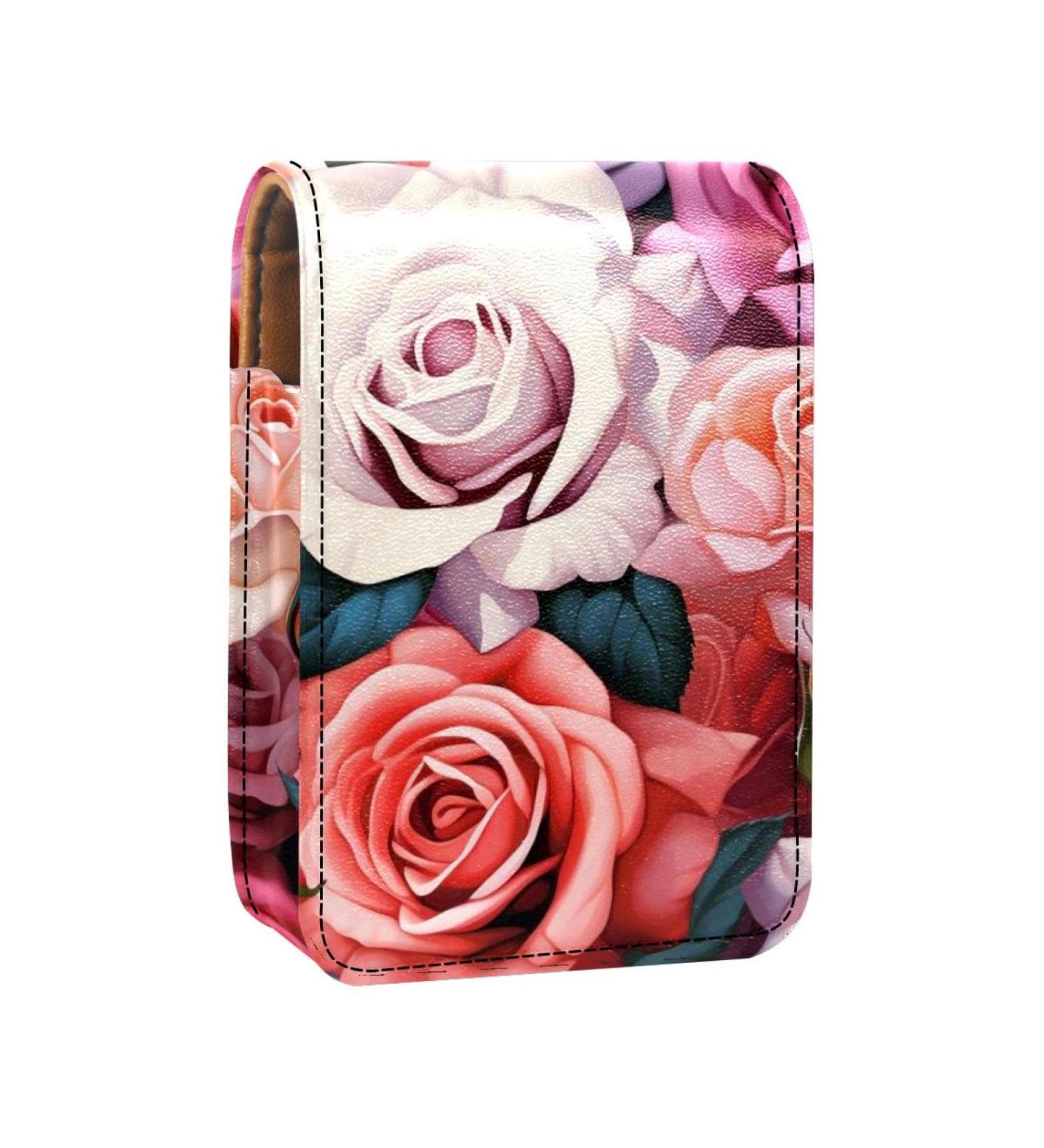 Shop Stylish Lipstick Case - Leather Lip Gloss Organizer with Mirror | Mini Holder Bag - Colorful Rose Flower Art Pattern - Buy Online on GoSupps.com