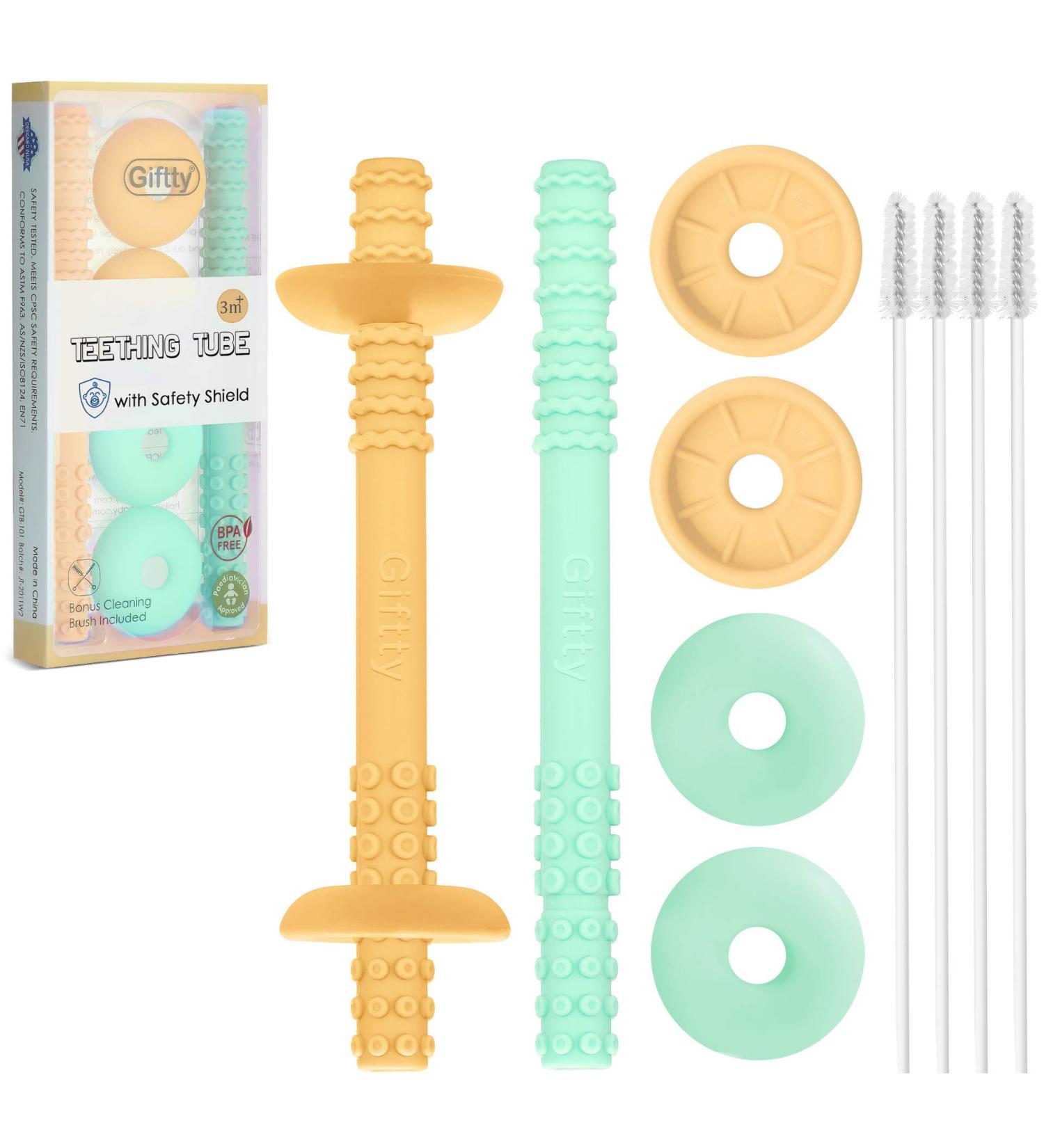 Teething Tube with Safety Shield - Baby Teether & Gum Massager - Food-Grade Silicone for 3-12 Months - 1 Pair + 4 Cleaning Brushes (Cyan+Tangerine) - Buy Online on GoSupps.com