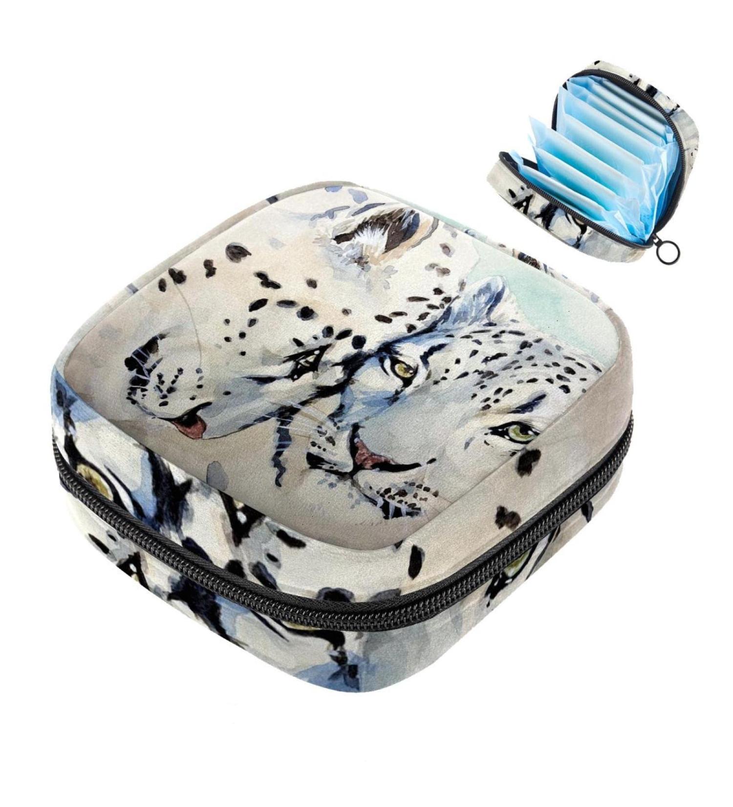 Stylish Menstruation Pad Bag with Zipper | Women's Tampon & Napkin Collection Bag | Leopard Cat Beast Watercolor Art - Buy Online on GoSupps.com