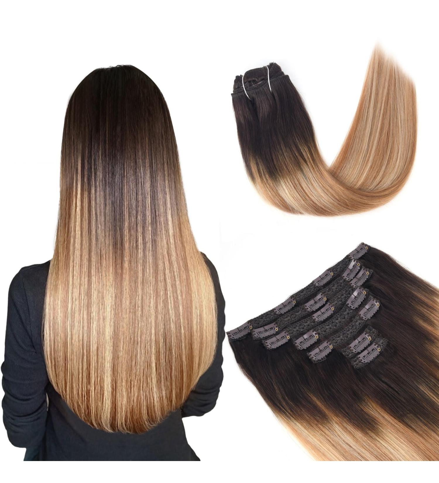 Vlasy Clip in Hair Extensions Human Hair 16 Inch (80 g) 7 Pieces Straight Natural Thick Weft Seamless Real Human Hair Extensions for Women - T2/27+T2/60 - Buy Online on GoSupps.com