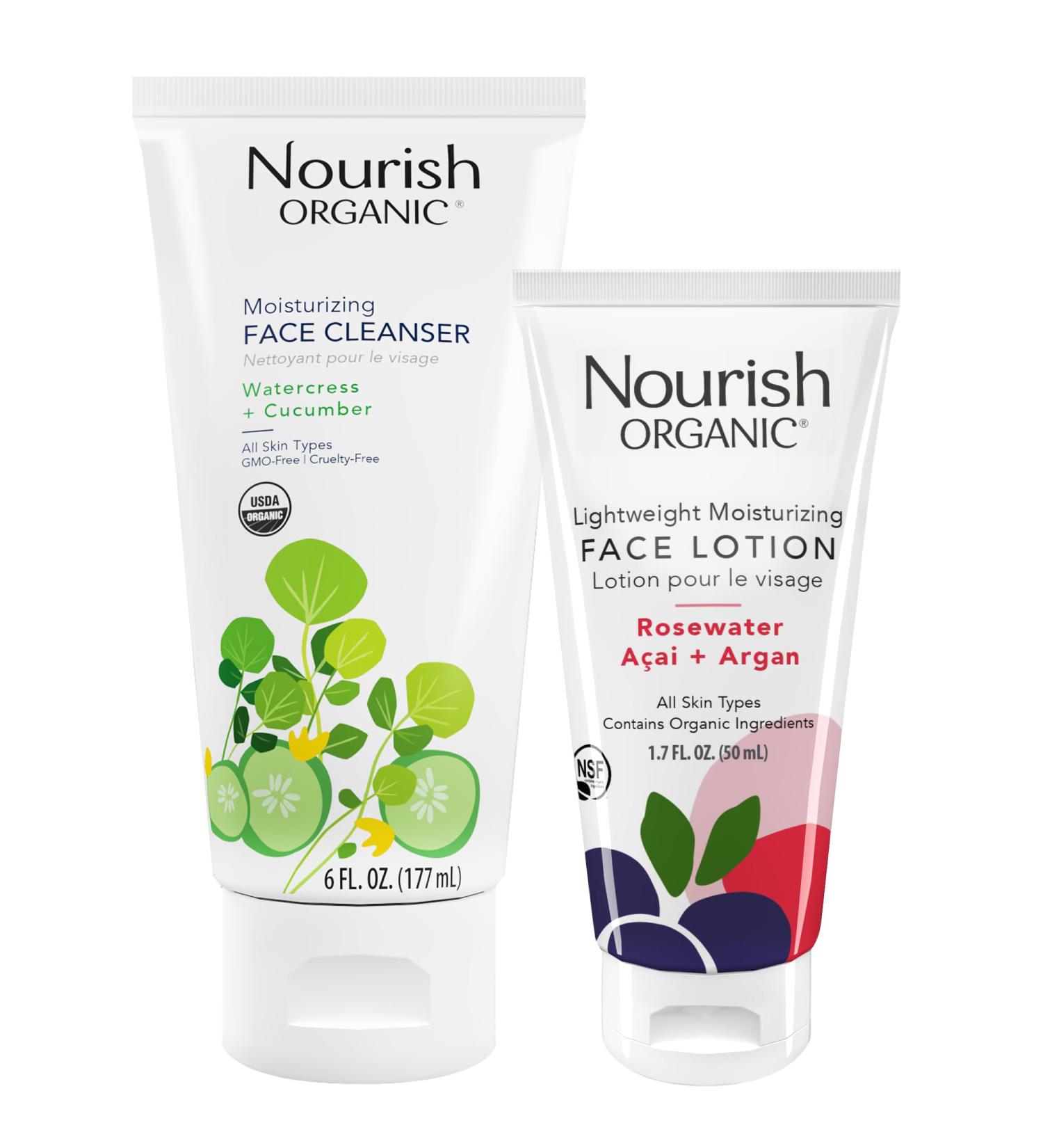 Nourish Organic Face Cleanser + Face Lotion Set Lightweight Moisturizing Formulas with Hydrating Aloe Vera and Replenishing Botanicals - Buy Online on GoSupps.com
