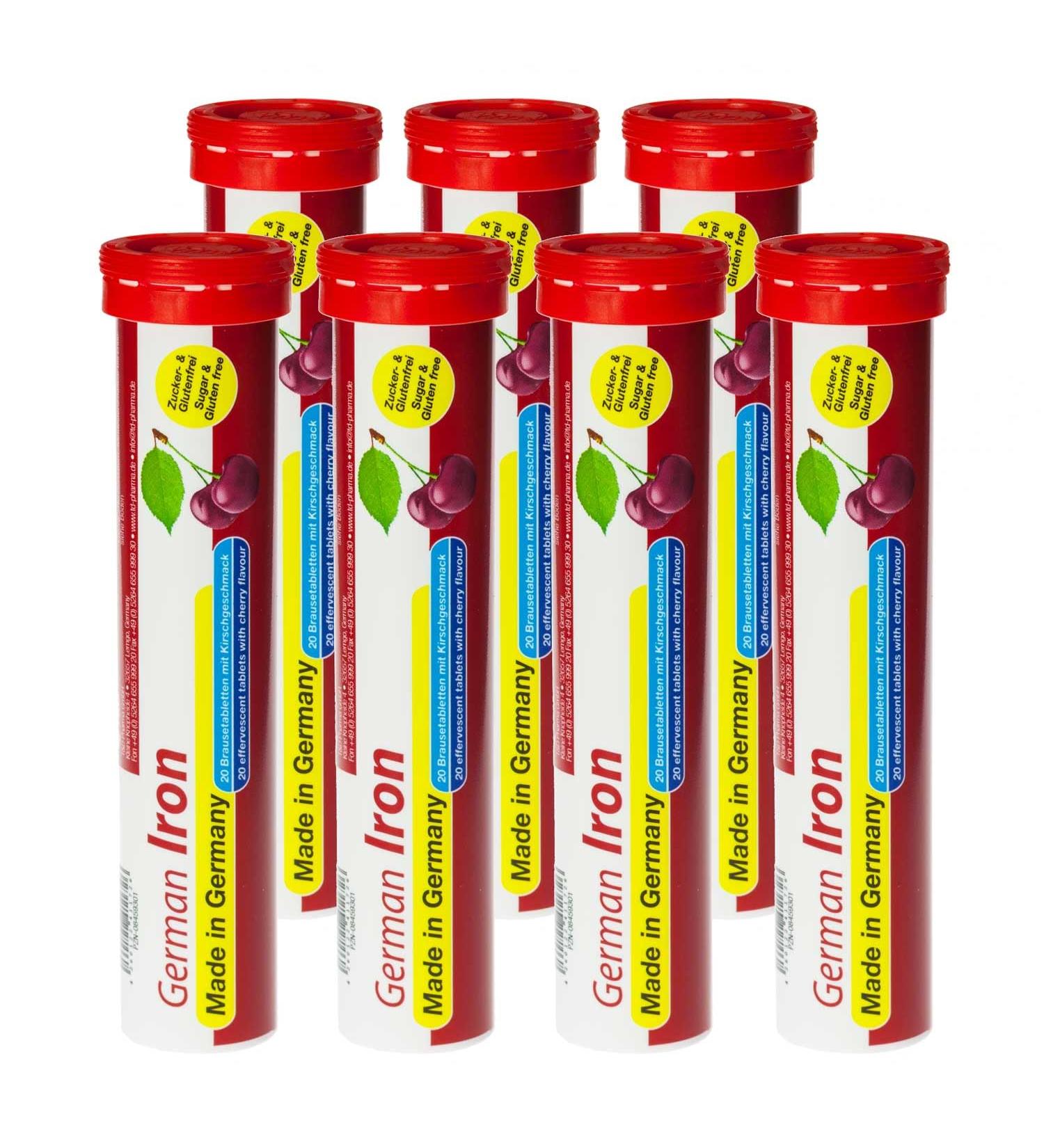 Buy German Iron Effervescent Tablets - 140 Pieces Cherry Taste - Sugar-Free Vegan - 14 mg Iron - T&D Pharma - Made in Germany - Buy Online on GoSupps.com