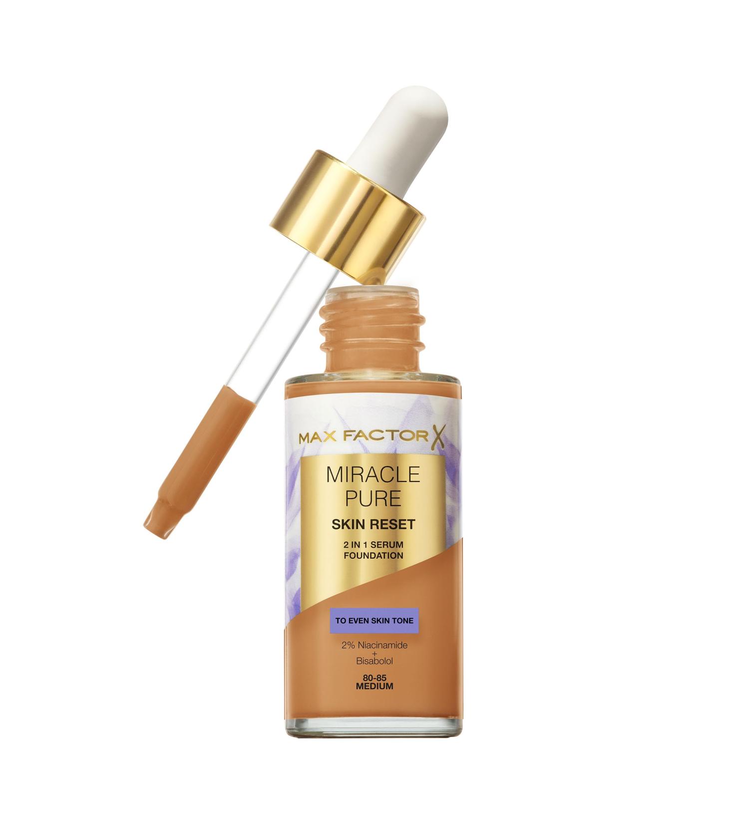 Coty Max Factor Miracle Pure 2in1 Skin Reset Serum Foundation 8085 Medium vegan formula evens the complexion medium coverage satiny matte finish niacinamide & bisabolol 30 ml 8085 Medium - Buy Online on GoSupps.com