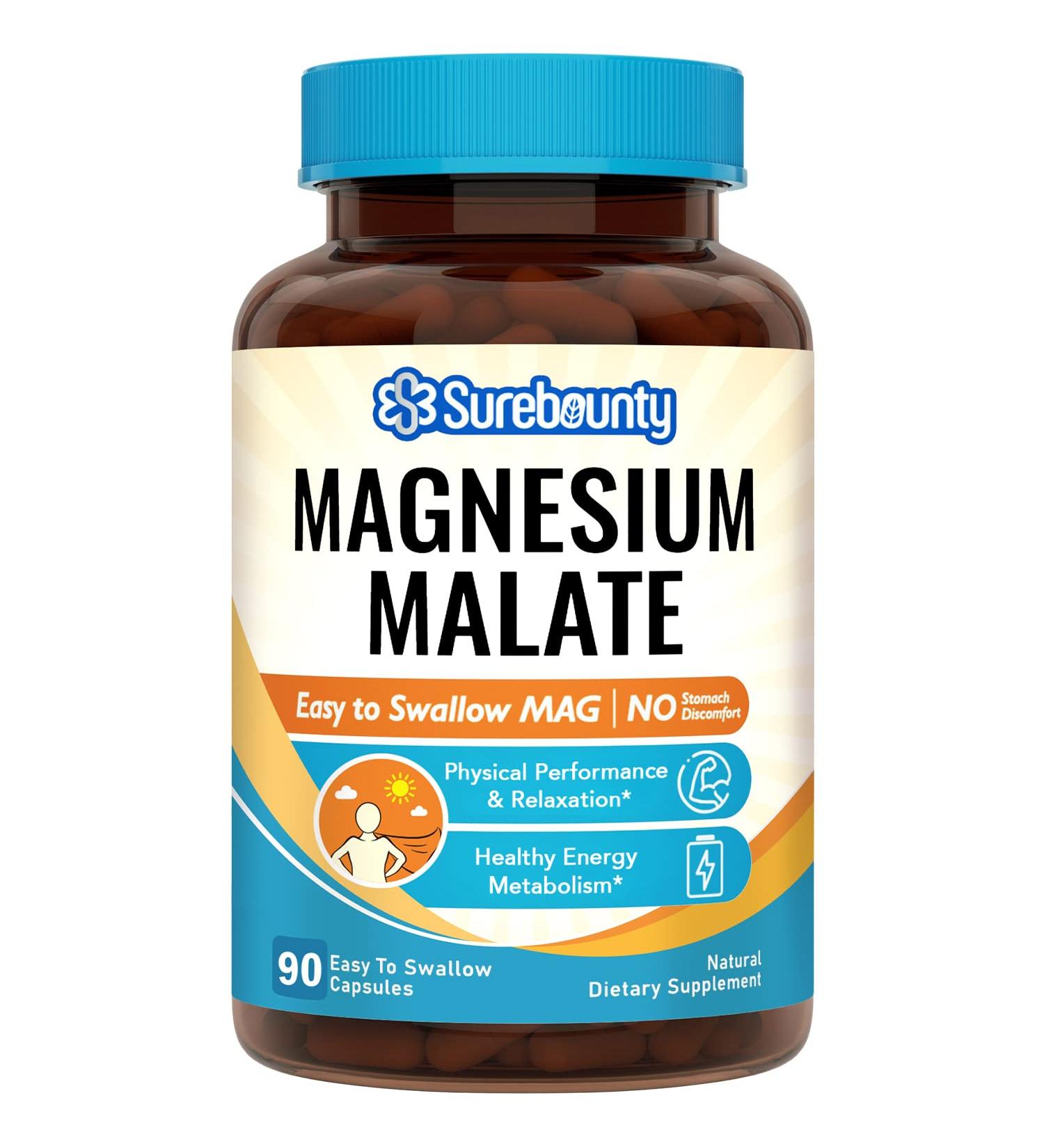 Surebounty Magnesium Malate - 410mg (45mg Elemental Magnesium) Morning MAG Regimen for Energy & Muscle - 90 Easy-to-Swallow Capsules - Buy Online on GoSupps.com