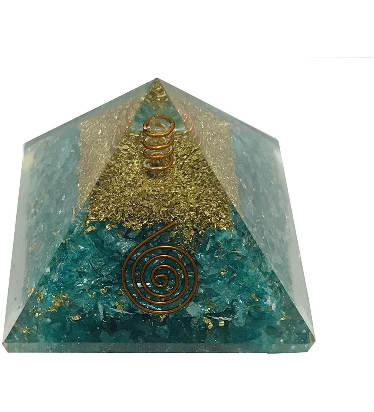 Blue Aquamarine Crystal Orgone Pyramid Healing Stone Crystal Chakra Pyramid EMF Protection Positive Energy Generator Orgonite Meditation Spiritual Balance Stone Diwali Gift with Velvet Phouch