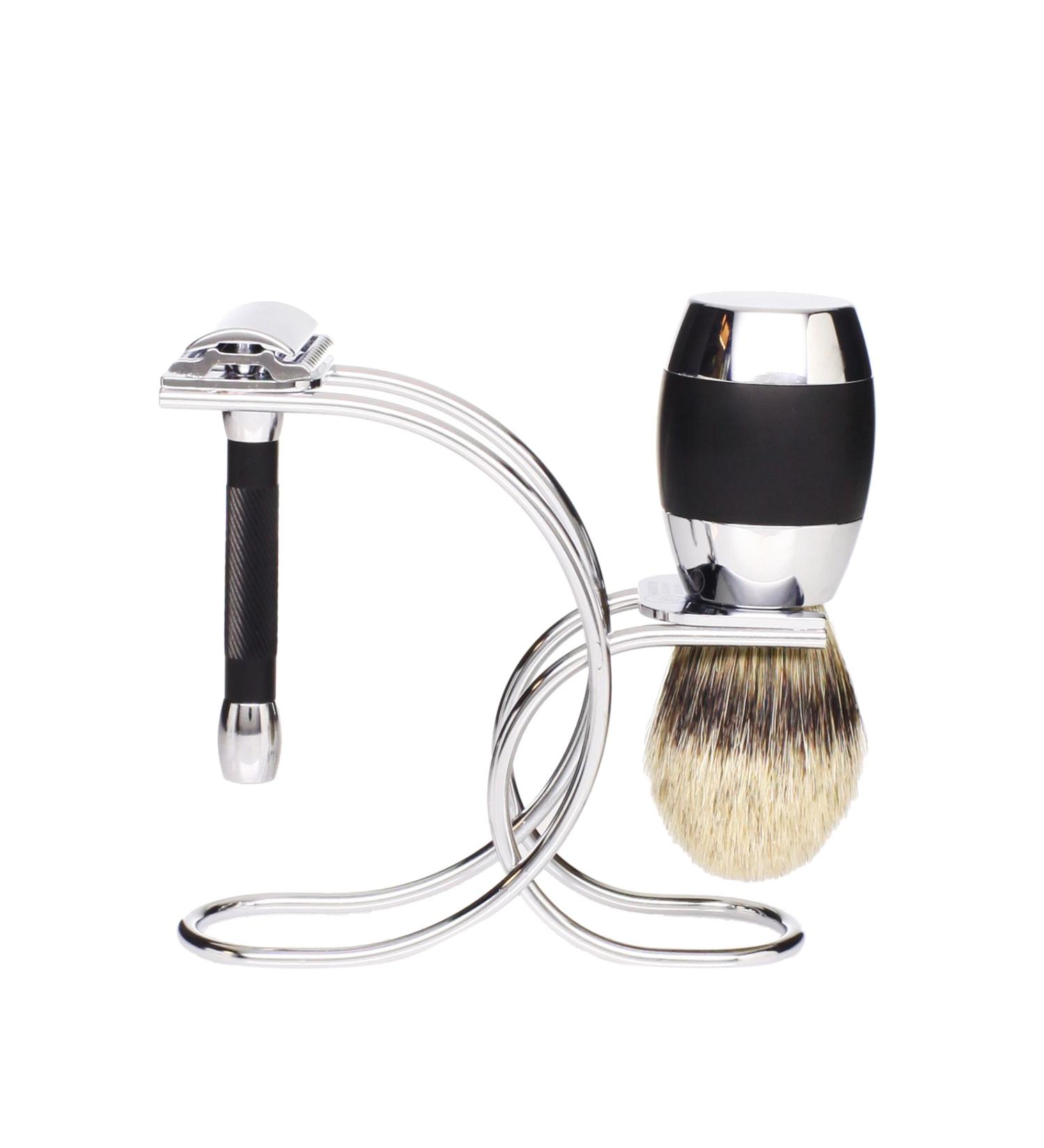 Merkur Merkur Razor Set 3-pieces (Razor 30 011 Shaving Brush Stand) Bright Chrome/Anodized Aluminum Black 1 ct.