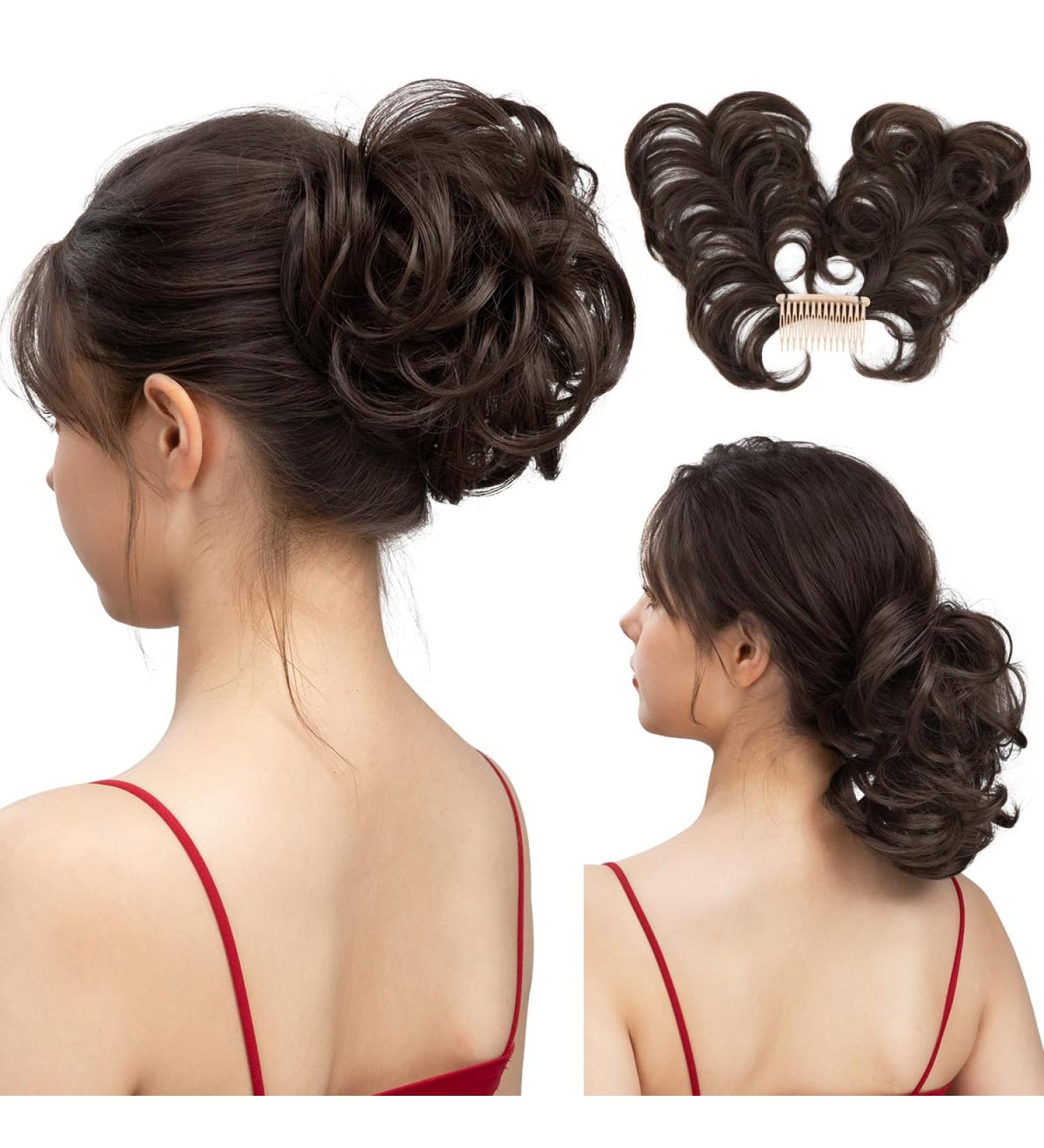 SARLA Messy Bun Hair Piece Side Comb Clip in Synthetic Hair Bun Hairpiece for Women Dark Brown Short Curly Wavy Versatile Adjustable Styles Easy Hair pieces Dark Brown-C - Buy Online on GoSupps.com