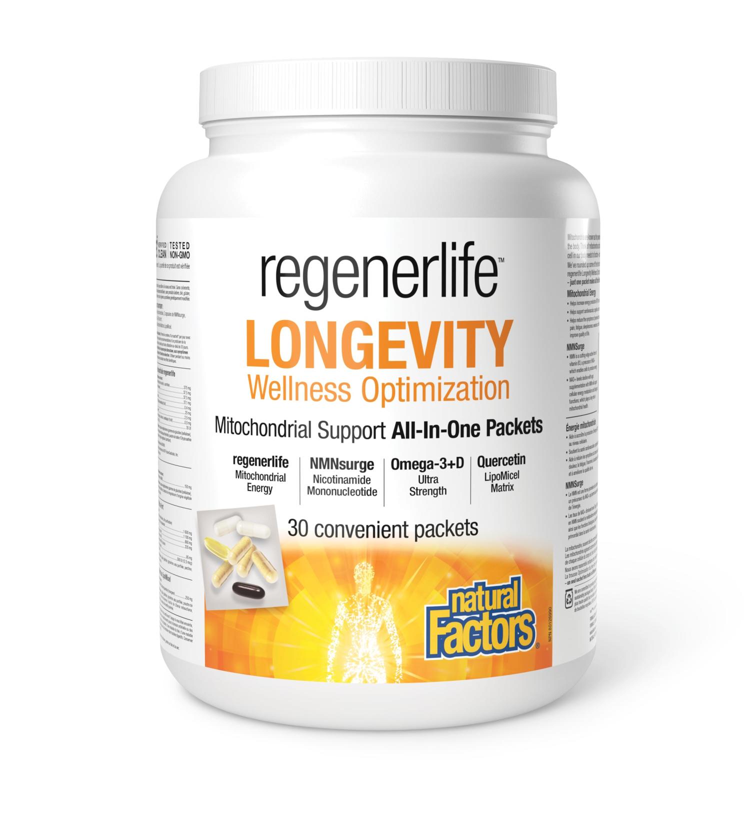 Natural Factors Regenerlife Longevity Wellness Optimization 30 convenient packets All-in-One Daily Packet includes: Mitochondrial Energy NMNSurge Omega-3+D Ultra Strength and Quercetin LiopMicel Matrix Formulated to Support All Aspects of Healthy Aging - Buy Online on GoSupps.com