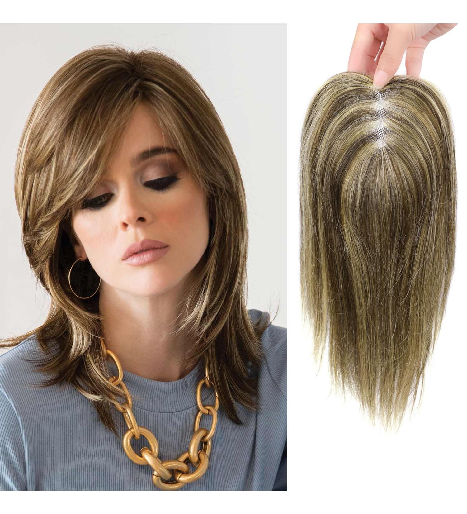 10 Inch Real Human Hair Topper for Thinning Hair Women - Medium Brown with Warm Highlights - Buy Online on GoSupps.com