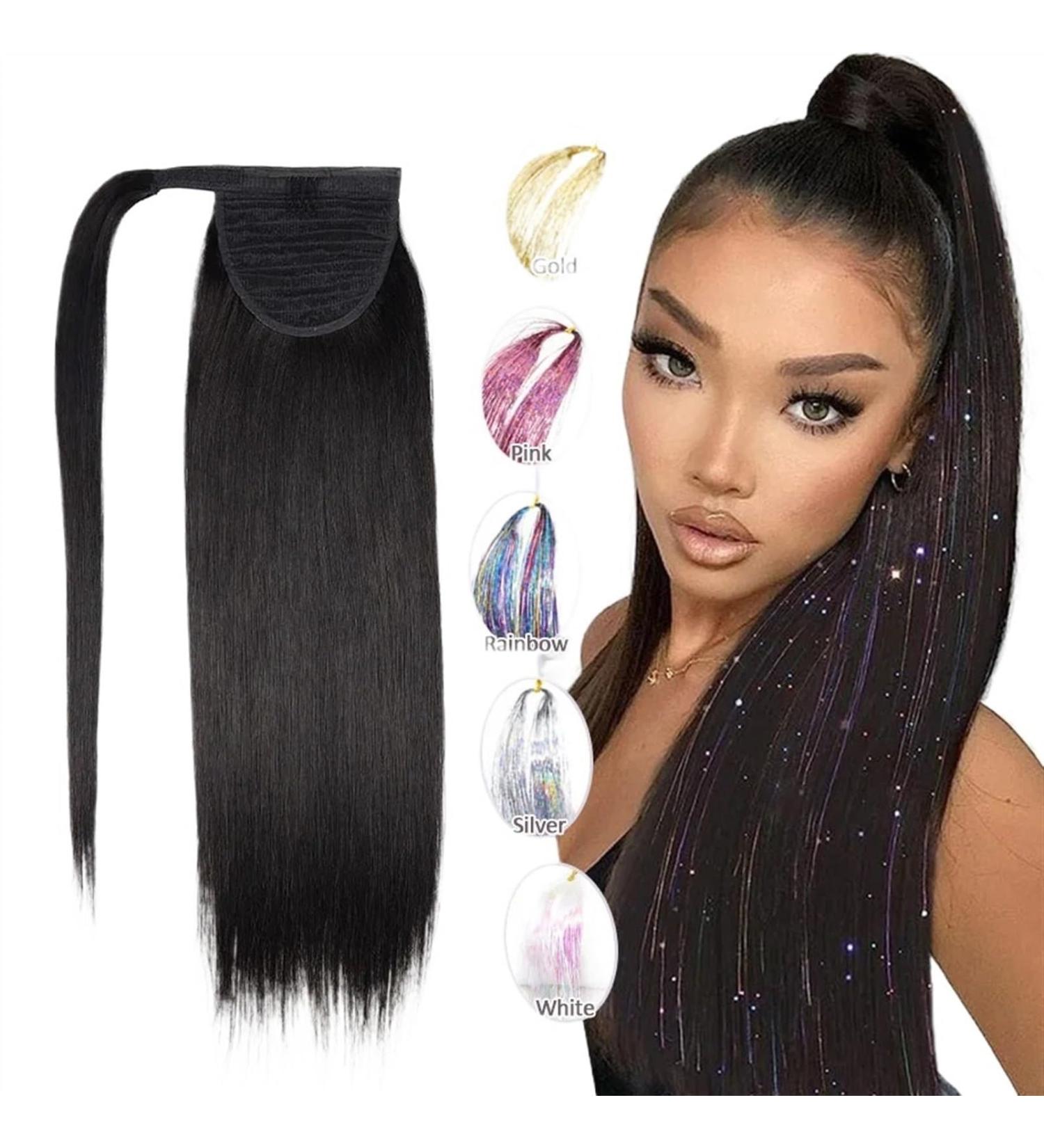 Ponytail Extensions Remy Human Hair Ponytail Extensions Human Ponytail Hair Extensions Wrap Around Hair Magic Paste Invisible Soft Straight Ponytail for Women(Black 14inches 65g) 14inches 65g Black - Buy Online on GoSupps.com