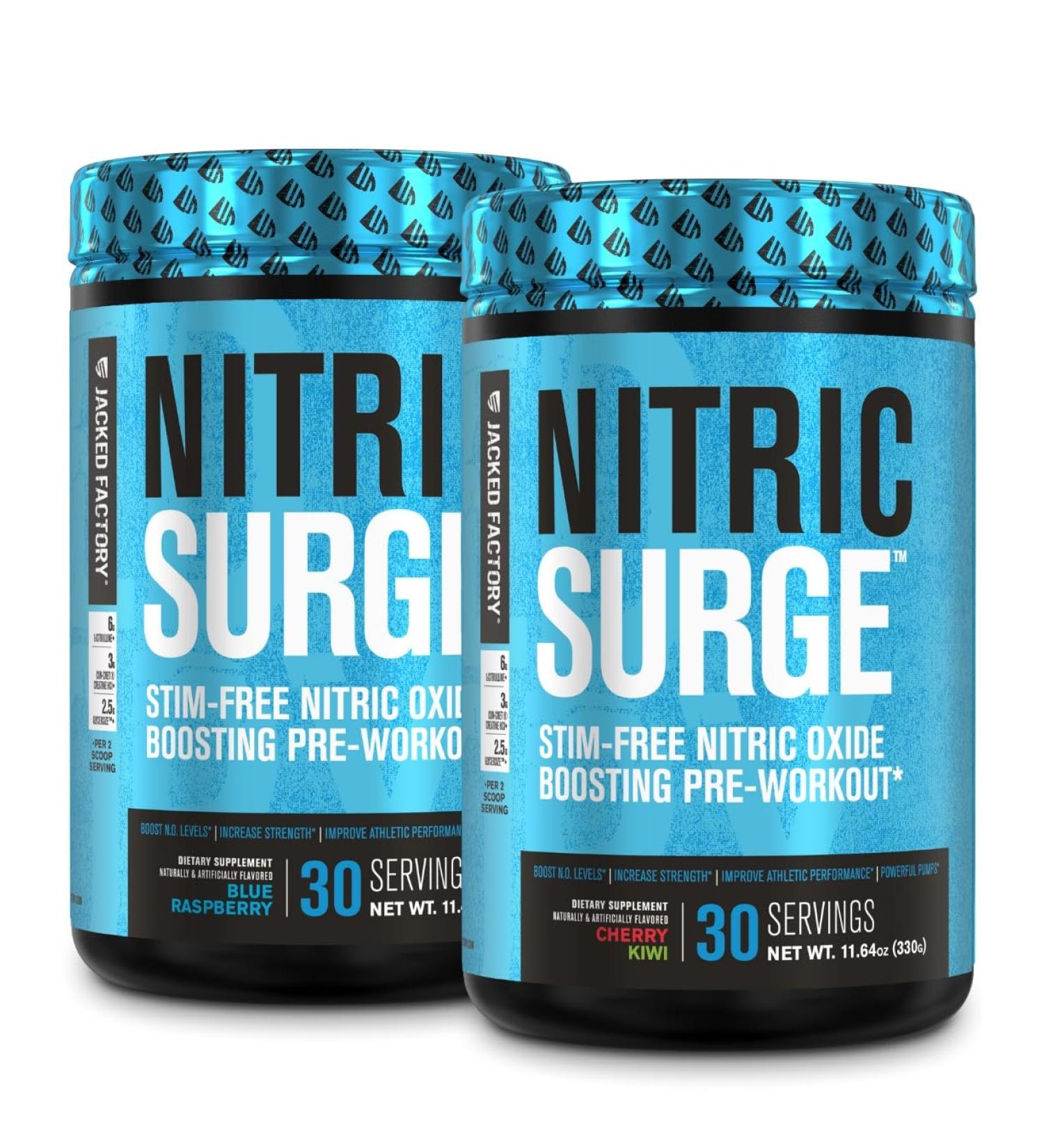 Jacked Factory Nitric Surge Stim Free Pre Workout Powder - Caffeine Free (Blue Raspberry Cherry Kiwi 30 Servings) - Buy Online on GoSupps.com