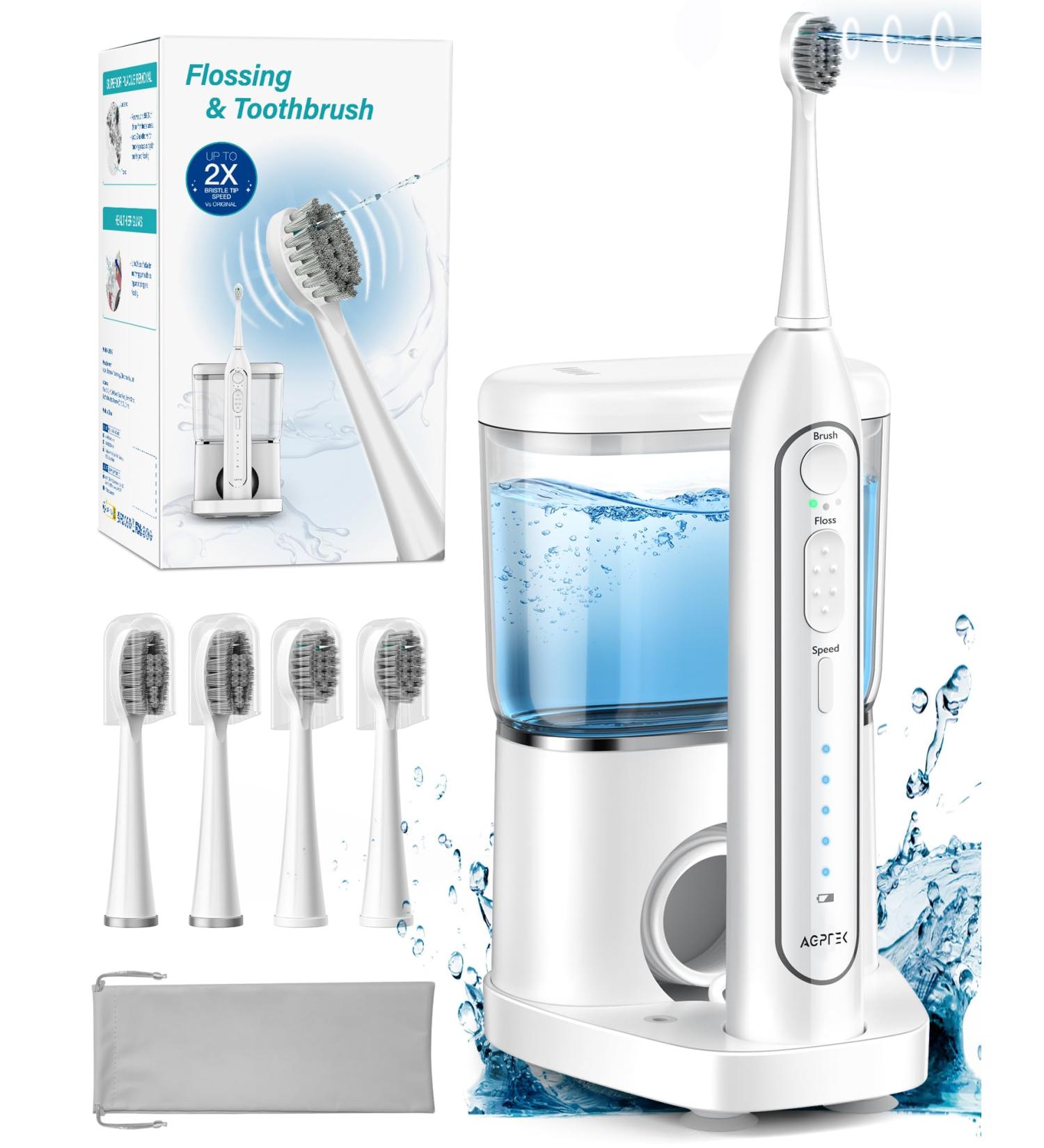 AGPTEK 2 in 1 Electric Toothbrush & Water Flosser Combo - Teeth Gums & Braces Care | Portable Rechargeable Dental Flossing for Home & Travel - Buy Online on GoSupps.com
