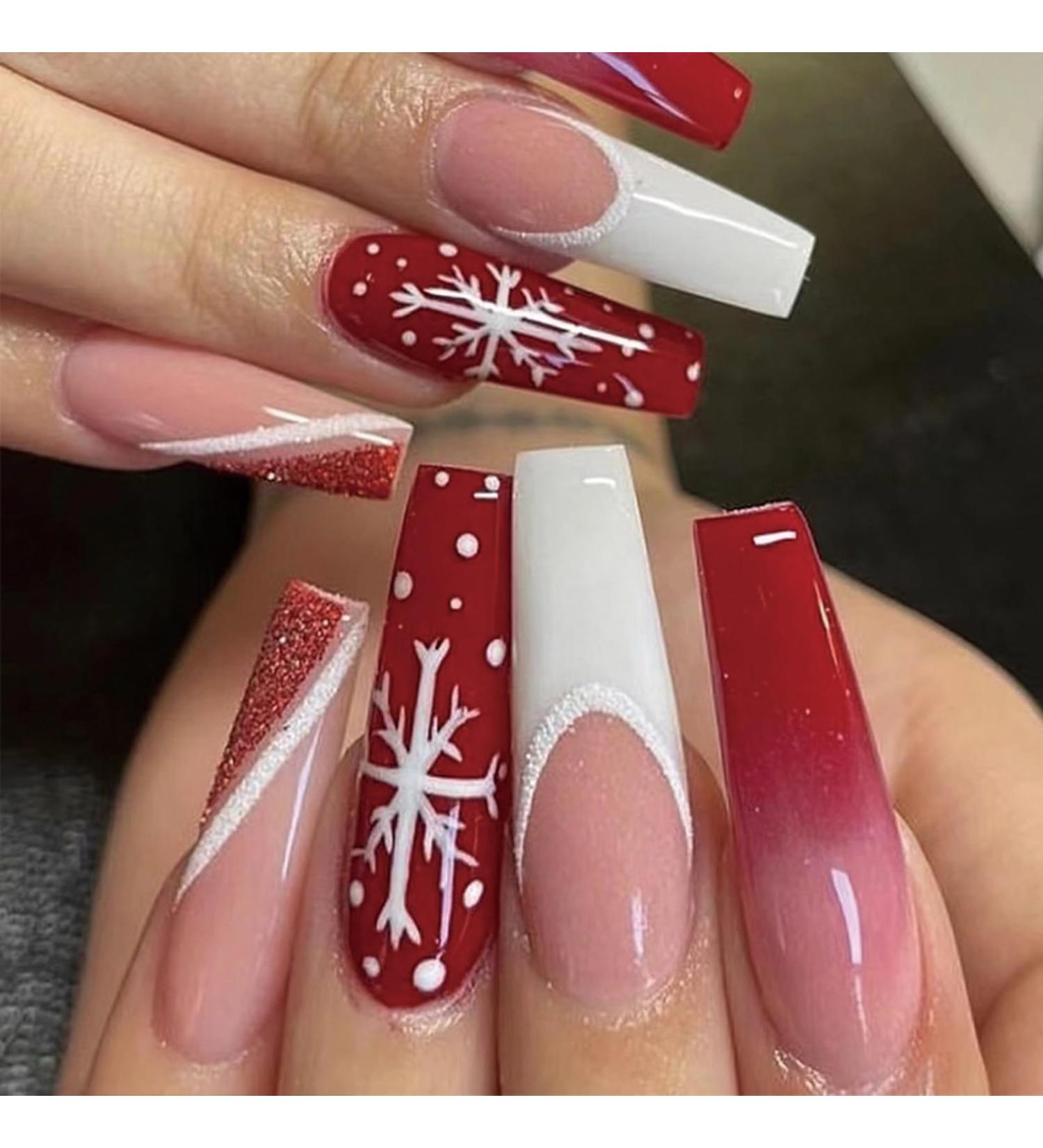 Coffin Christmas False Nails Set - Red Gradient Snowflake Xmas Design | 24Pcs Long French Fake Nails with Nail Glue for Women & Girls - Buy Online on GoSupps.com