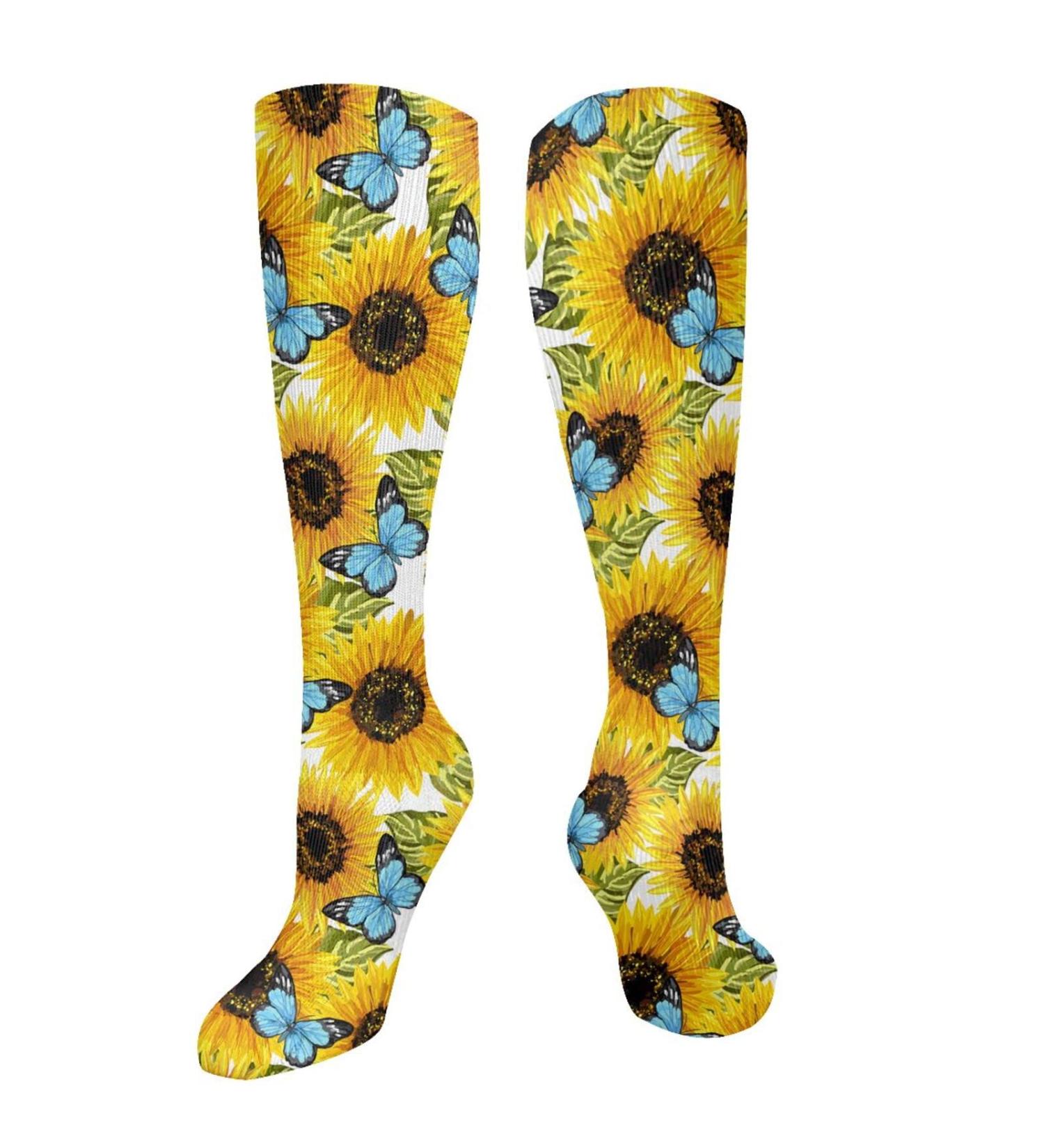 Watercolor Sunflower & Blue Butterfly Compression Socks for Men & Women | 15-20 mmHg Support for Running & Cycling - Buy Online on GoSupps.com