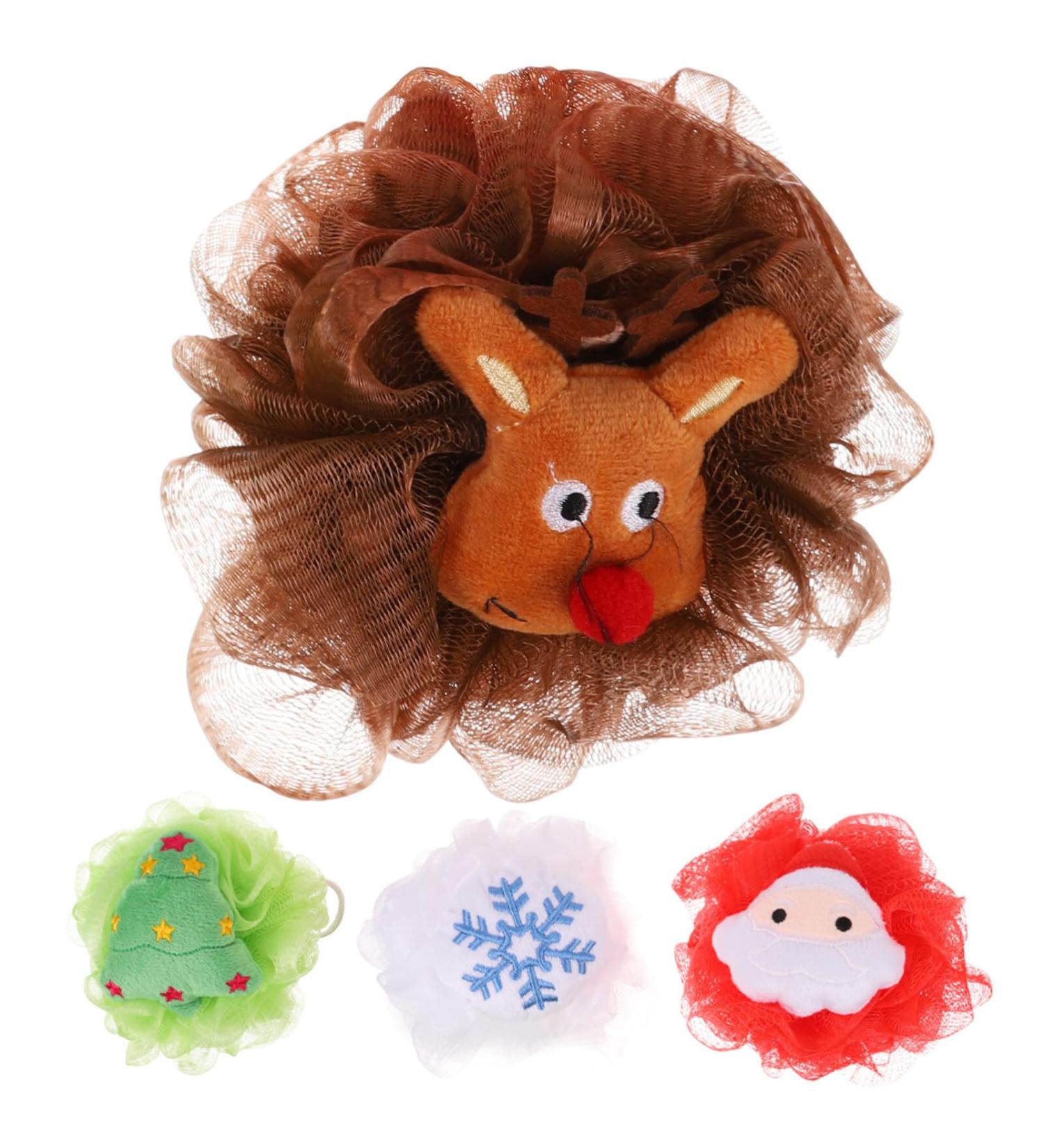 FRCOLOR 4pcs Christmas Shower Loofah Santa Claus Snowflake Reindeer Xmas Tree Pouf Luffa Bath Sponge Mesh Loofah Ball Body Scrubber Exfoliator for Bathroom